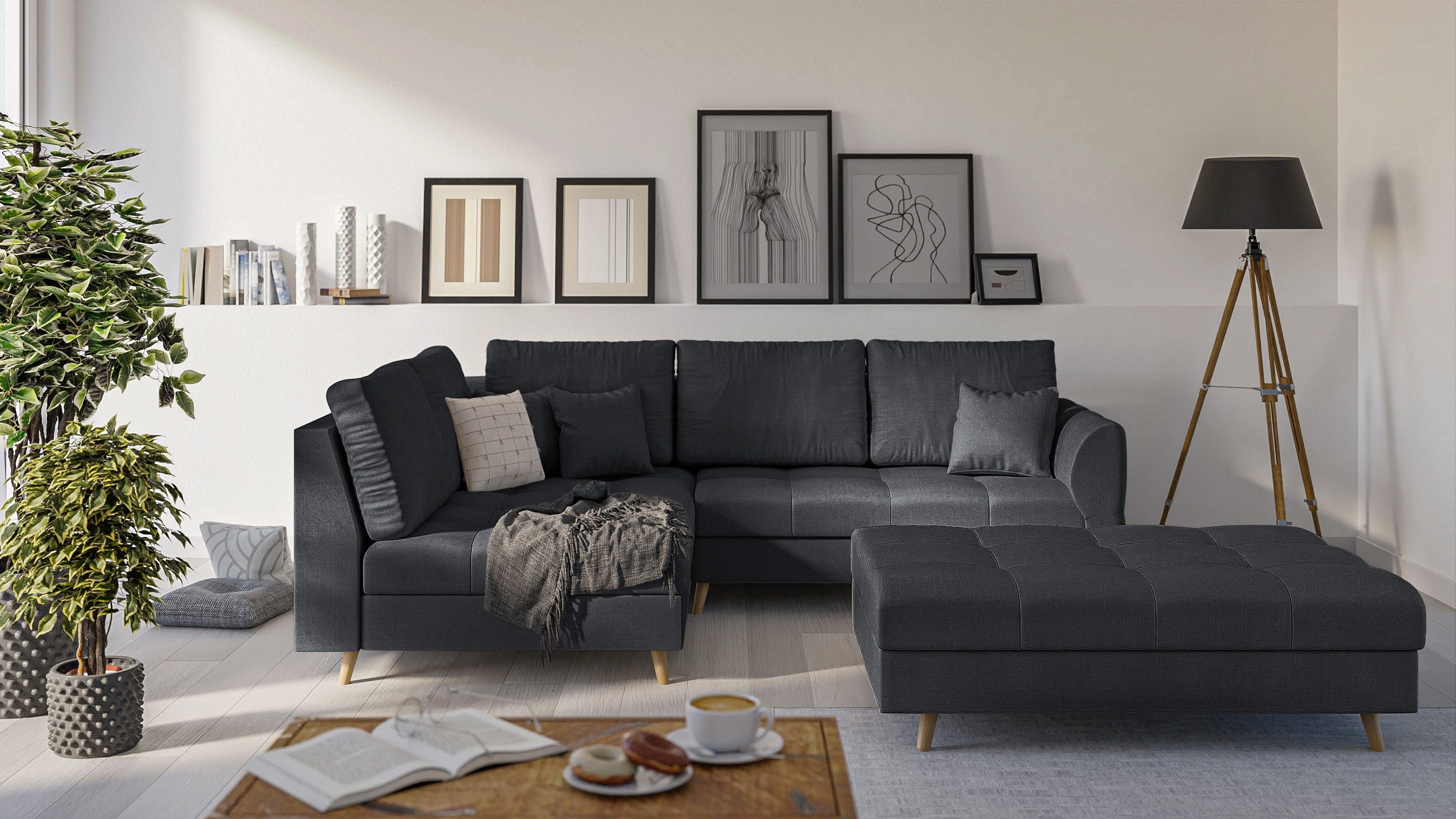 S-Style Möbel Ecksofa Cuba mit Fußhocker im skandinavischen Stil, Holzfüßen, Ottomane links oder rechts bestellbar, mit Wellenfederung