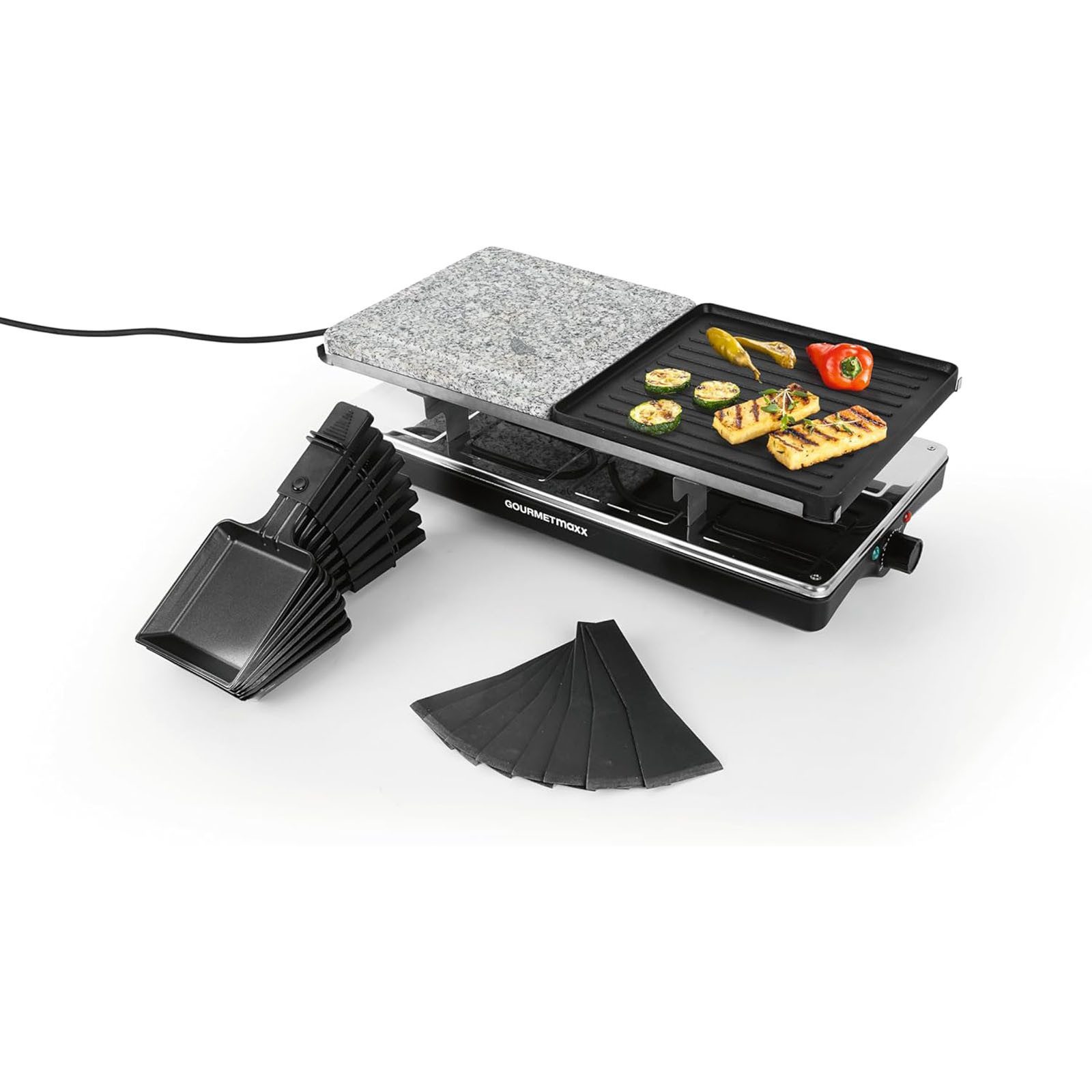 GOURMETmaxx Raclette Raclettegrill 1400W 8 Personen Tischgrill Grillplatte, 8 Raclettepfännchen, 1400 W, mit Stein und Aluminiumplatte