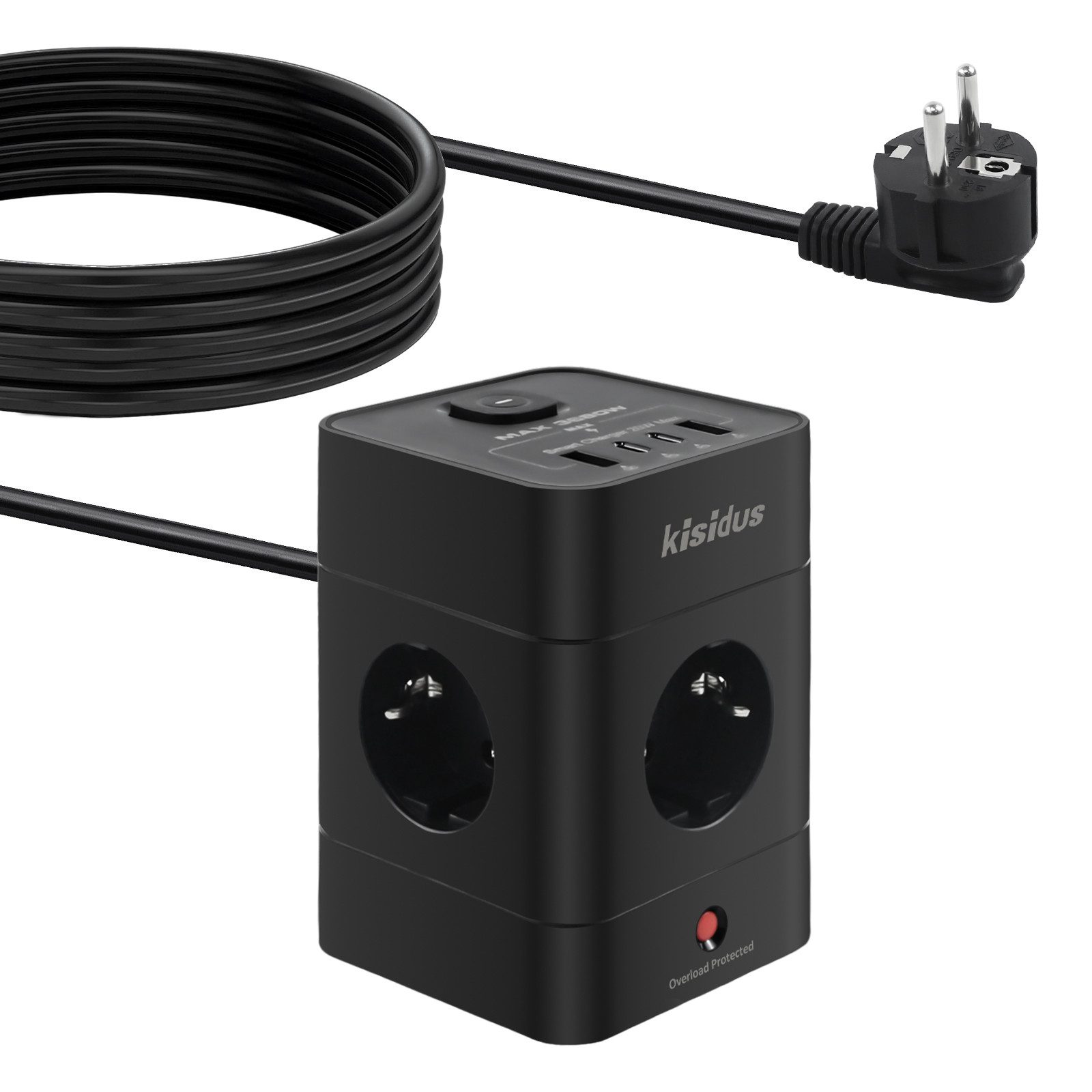 OZAVO K-CZ01BK 8-IN-1 steckdosenwurfel Mehrfachsteckdose 4-fach (USB-Anschluss, separate Ein- / Ausschalter, 3680W, 2m verlangerungskabel, Überlastschutzgerät, Kurzschluss, Überladungs, Überspannungs, steckdosenleiste mit überspannungsschutz), Steckdosenleiste mit USB Typ C Steckdose