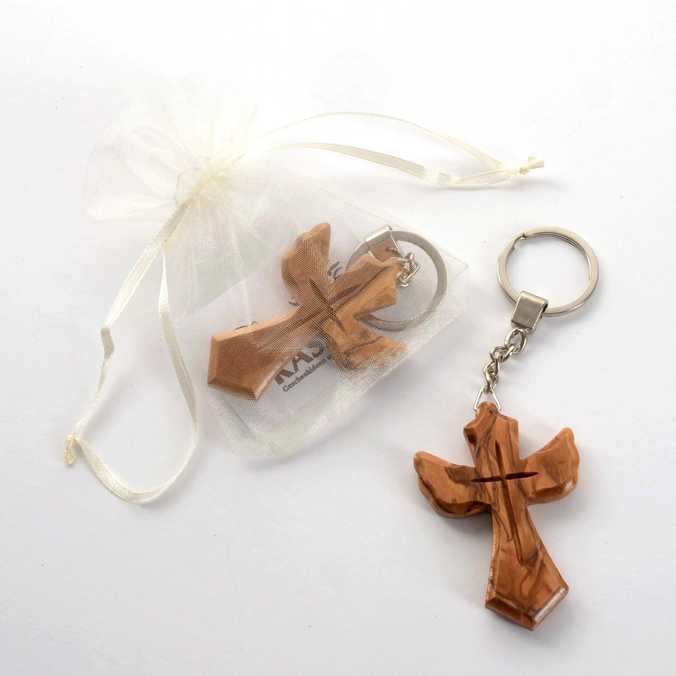 mit Olivenholz, in aus aus Kassis handgemacht, Engelsform umweltfreundlich, Schlüsselanhänger Naturprodukt, Bethlehem Engelfigur Kreuz