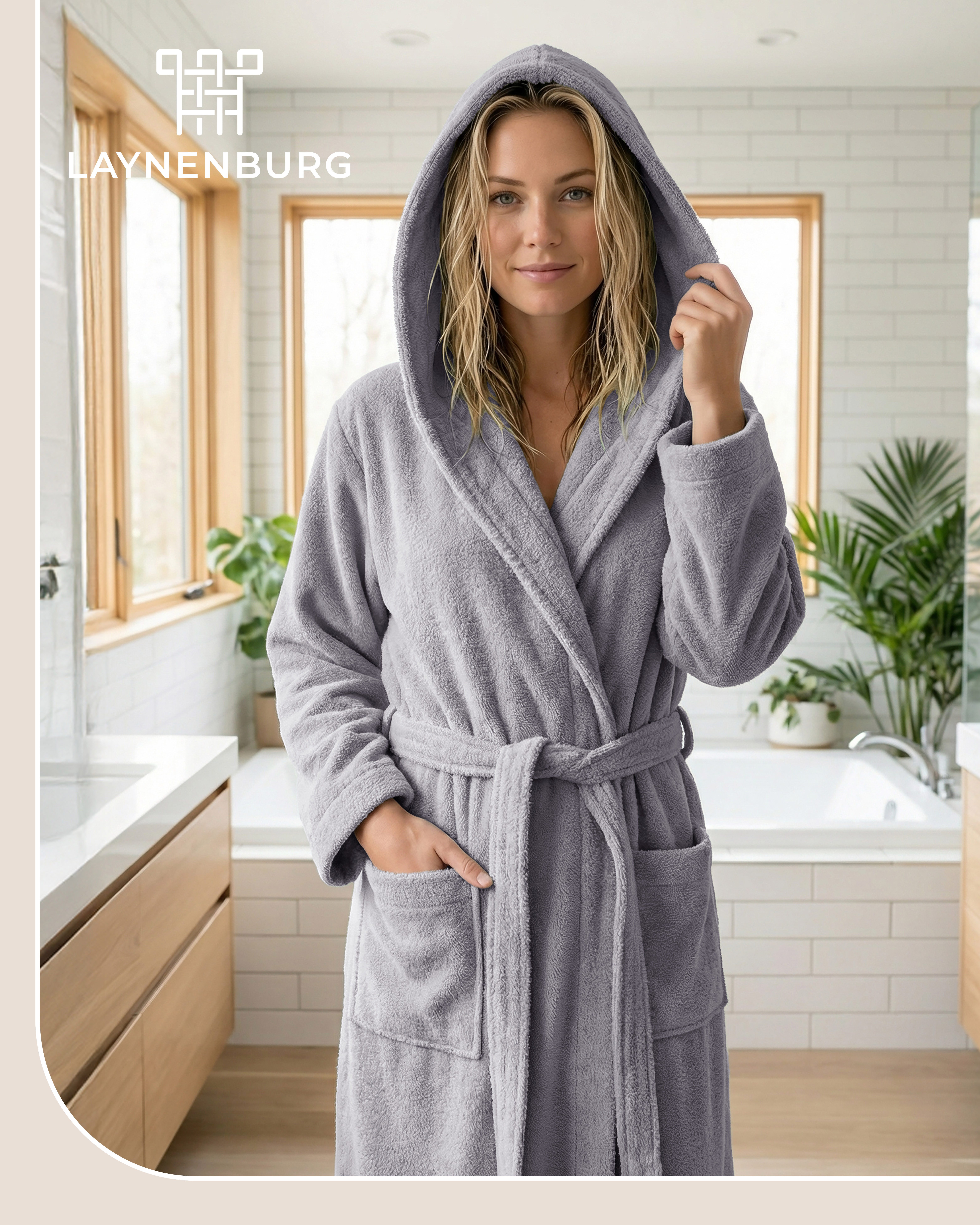 Laynenburg Damenbademantel Bademantel Damen mit Kapuze aus 100% Baumwolle Frottee, mit Gürtel, aufgesetzten Taschen, Waden-lang für Spa, Sauna, S-XXXL