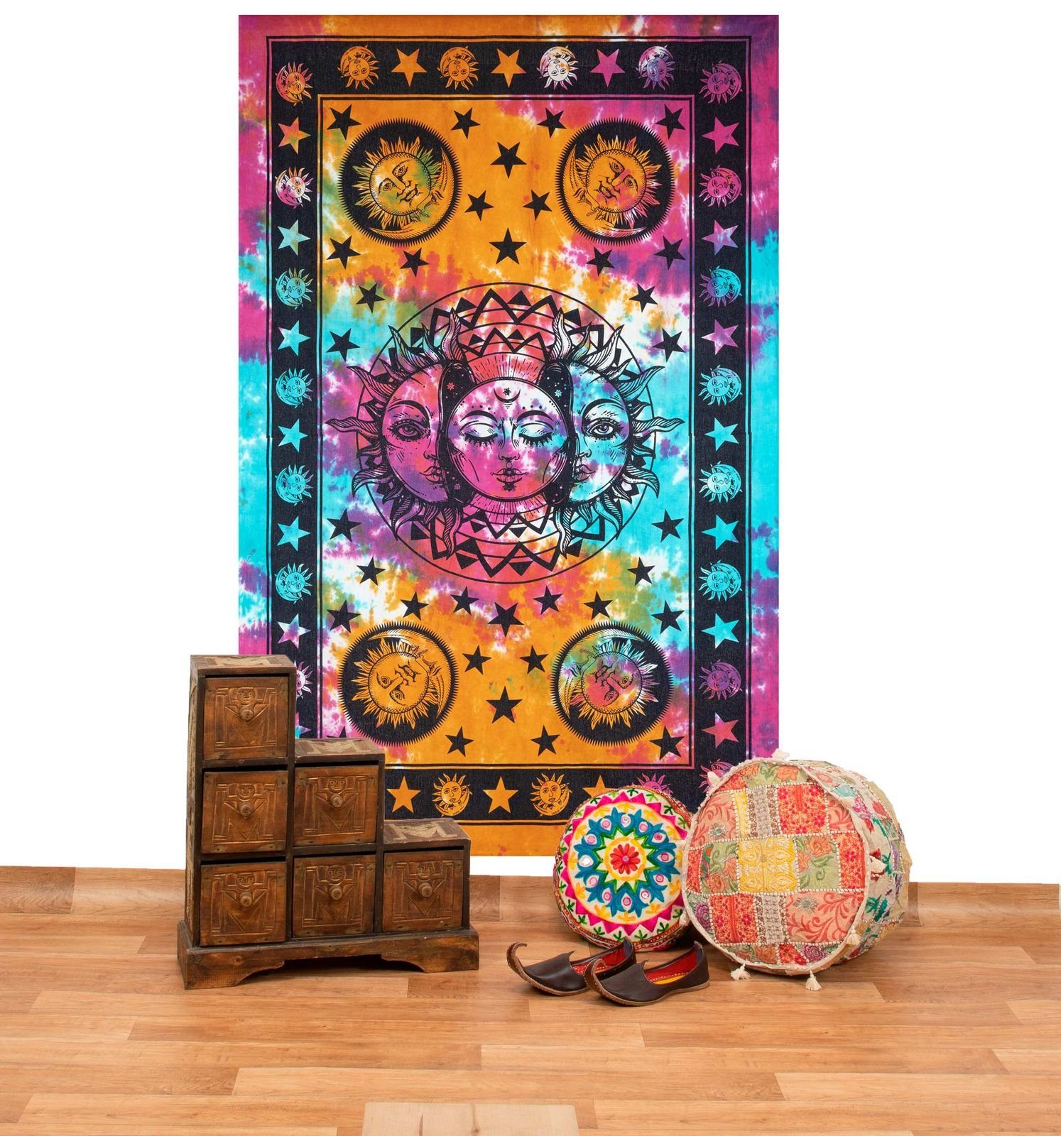 KUNST UND MAGIE Wandteppich Tagesdecke Wandbehang Bunt Sonne Mond und Sterne Hippie ca.200 x 140cm