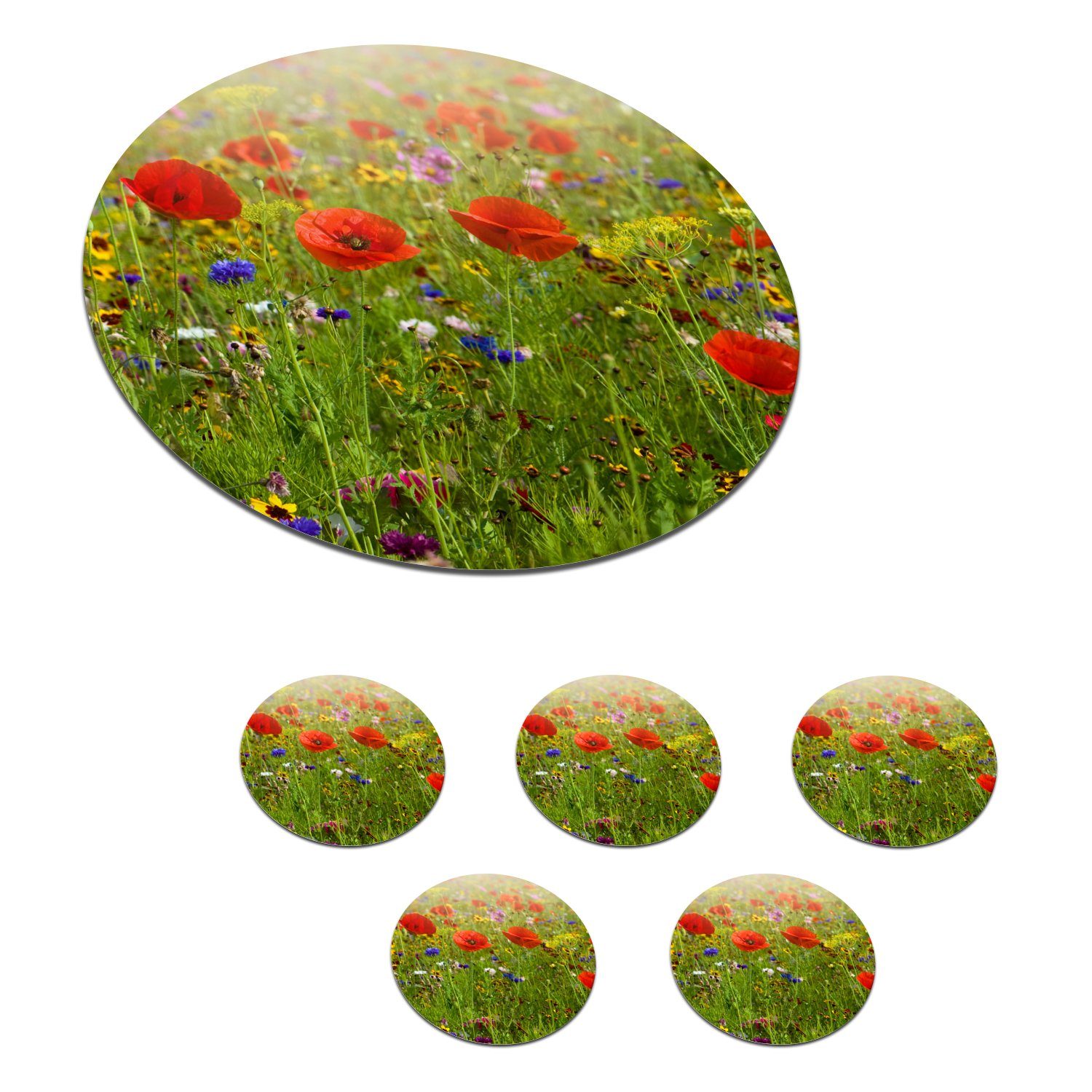 MuchoWow Glasuntersetzer Frühling - Blumen - Rot - Mohn - Gras - Grün, Zubehör für Gläser, 6-tlg., Getränkeuntersetzer, Tassenuntersetzer, Korkuntersetzer, Tasse, Becher