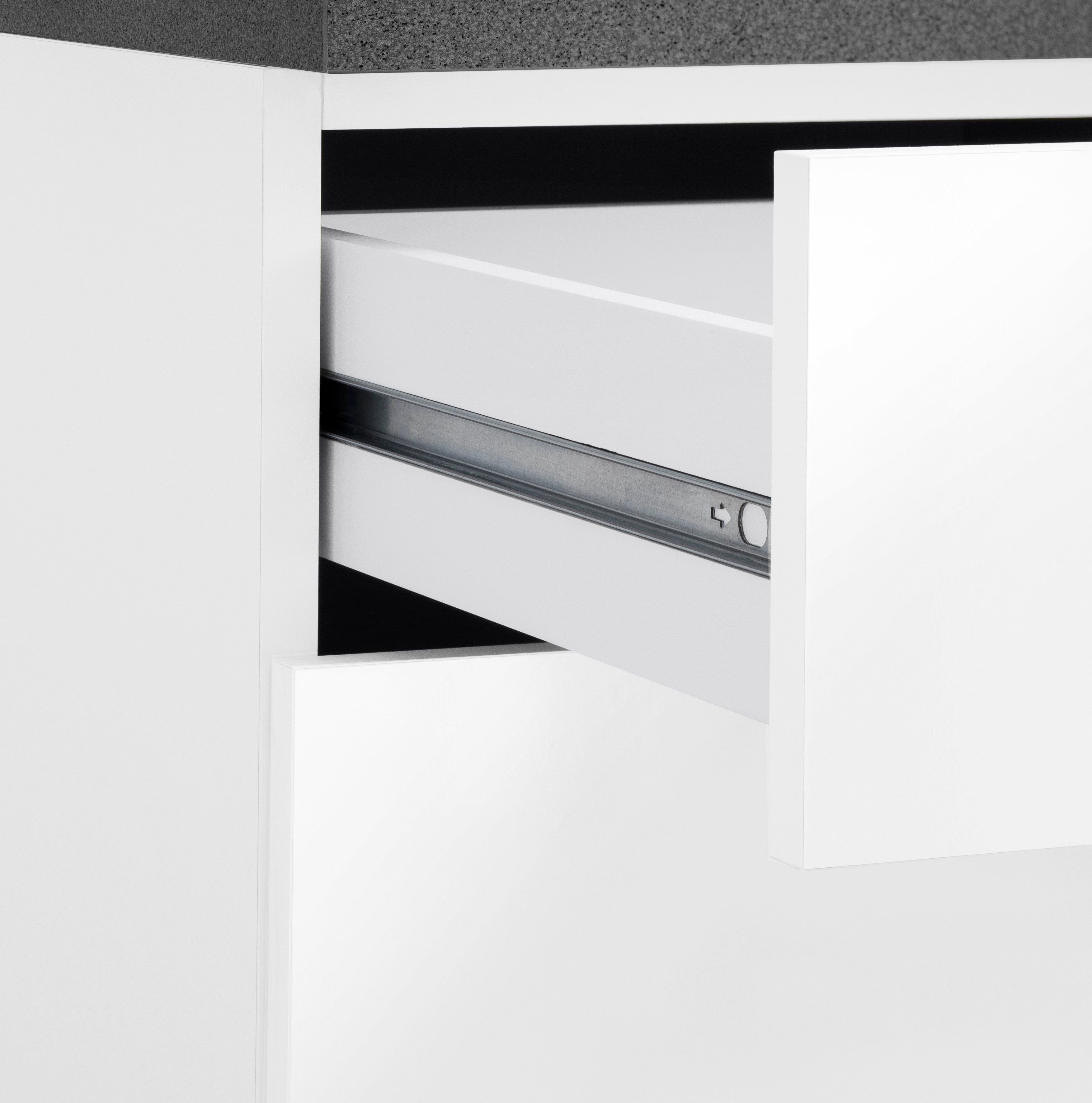 Granit Glanz, Breite E-Geräten, Korpus: Front: Grau matt 360 Küchen Weiß, mit weiß wiho mit Weiß Cali, Küchenzeile cm | Arbeitsplatte: Metallgriffen