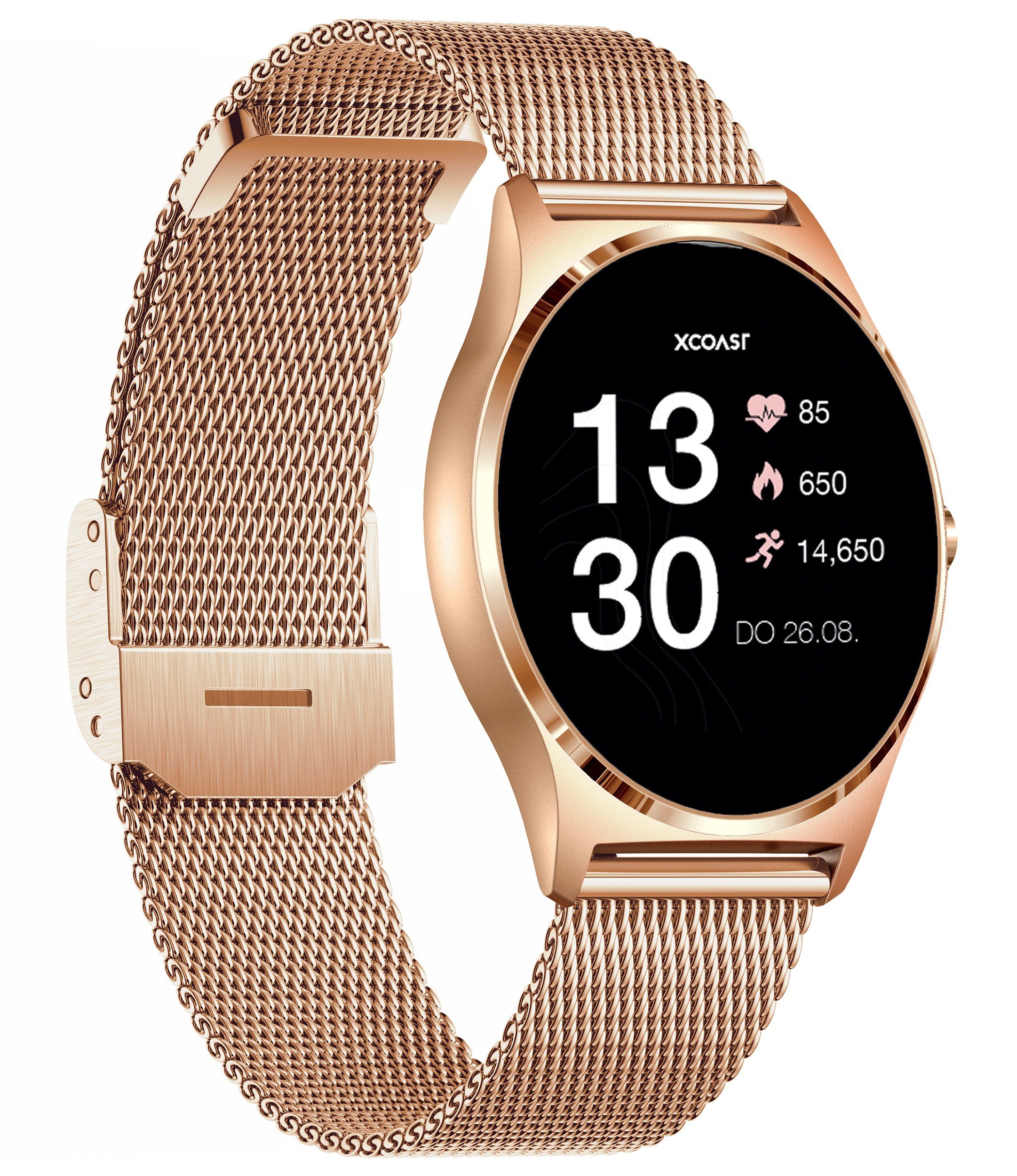 XCOAST JOLI Damen Smartwatch (3,9 cm/1,3 Zoll) Fitness Tracker, neueste Generation, rosegold, 3-tlg., mit goldenem Mesh Armband, IP67 wasserdicht, Herzfrequenz, Blutdruck, Blutsauerstoff, Schlaf