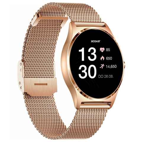 XCOAST JOLI Damen Smartwatch (3,9 cm/1,3 Zoll) Fitness Tracker, neueste Generation, rosegold, 3-tlg., mit goldenem Mesh Armband, IP67 wasserdicht, Herzfrequenz, Blutdruck, Blutsauerstoff, Schlaf
