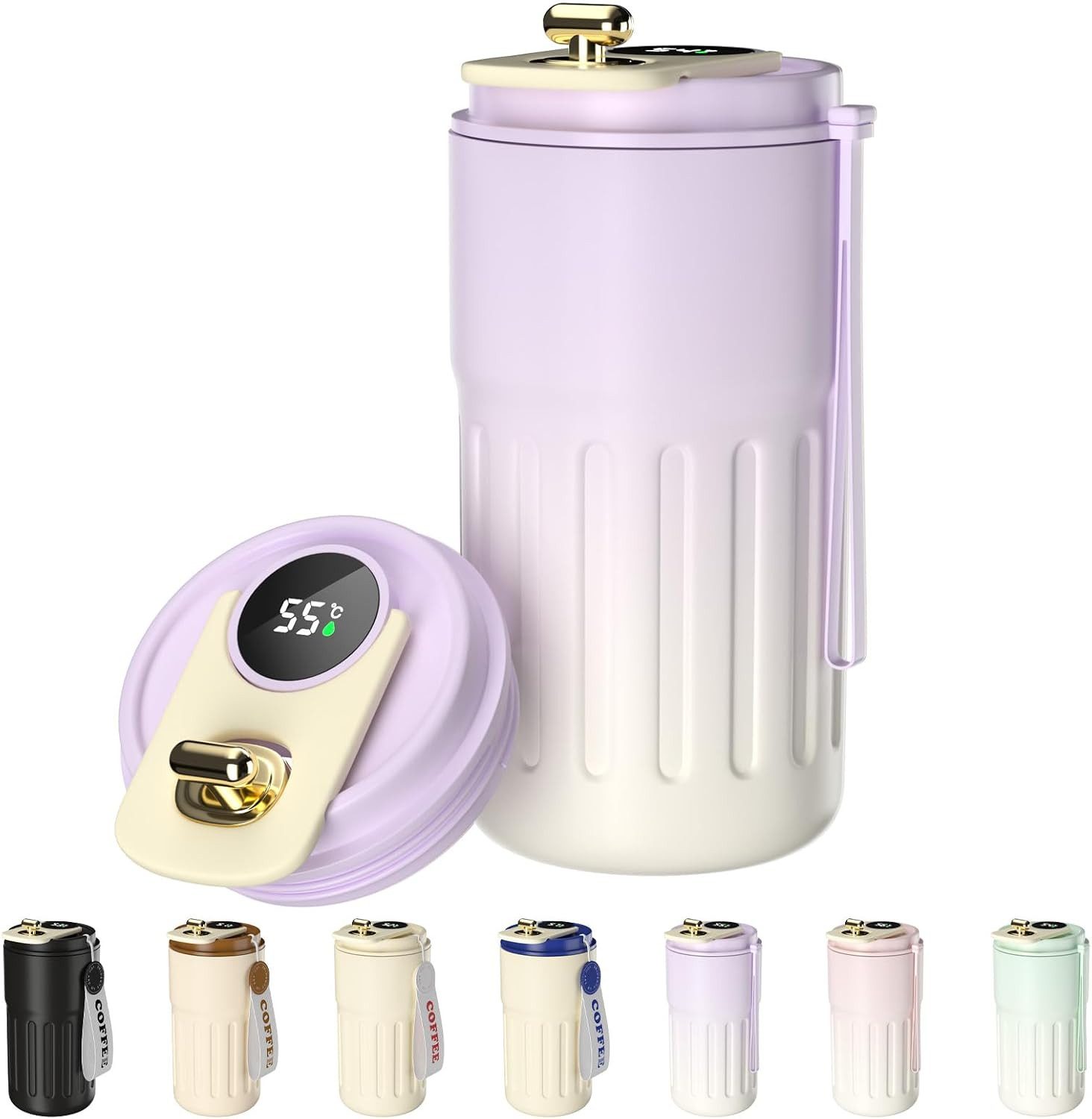 EXTSUD Thermobecher 410ml 316 Edelstahl Kaffeebecher, Digitalanzeige Thermobecher, Lila, 316-Edelstahl und Keramik, Travel Coffee Mug, Isolierter auslaufsicher Termokaffeebecher