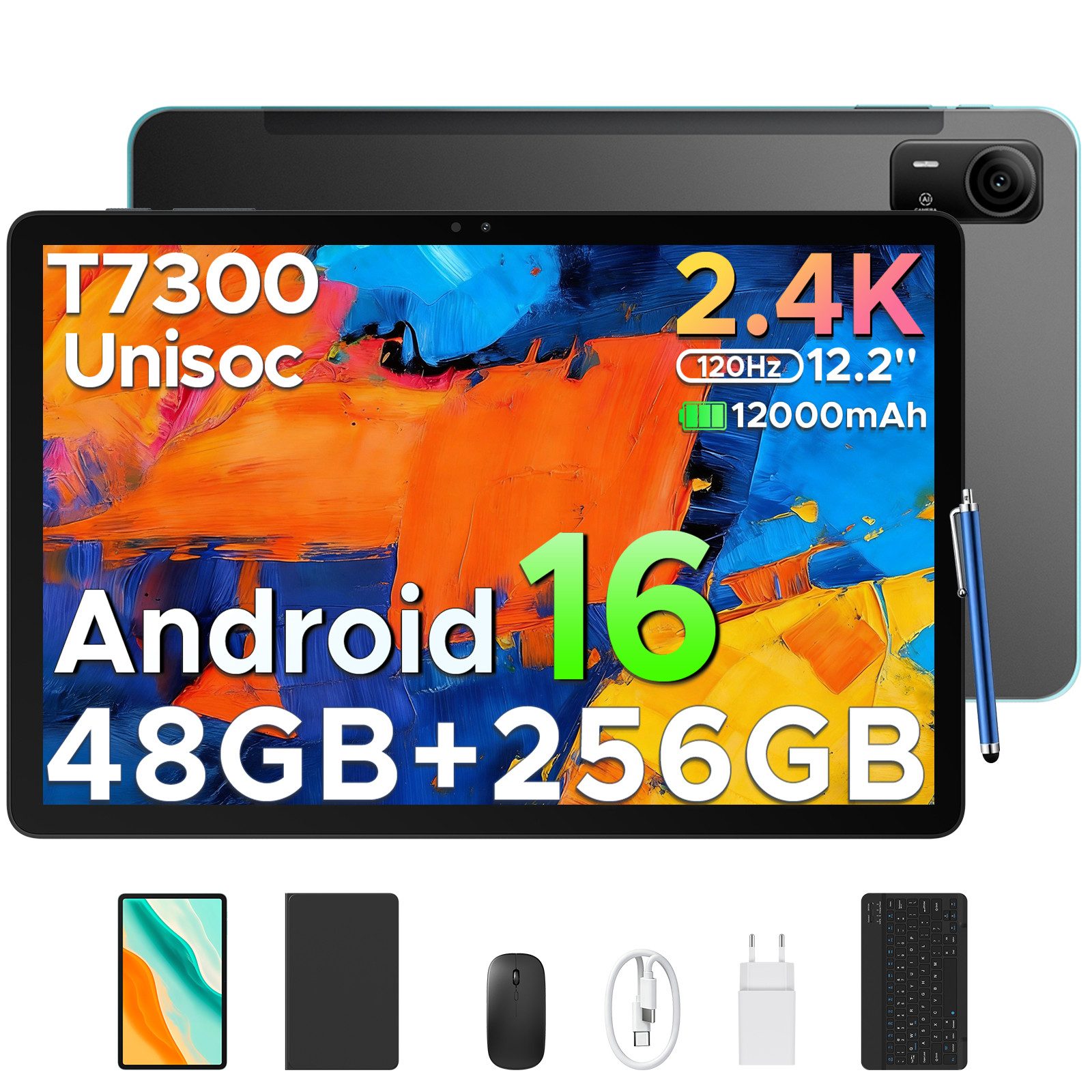 Aorlym Android 16 Tablet mit Tastatur 12 Zoll 2.4K 120Hz 256GB 12000mAh USB-C Tablet (12", 256 GB, Proprietär, GSM: B2/B3/B5/B8, 800, TDD: B34/38/39/40/41, WCDMA: B1/2/4/5/8, FDD: B1/2/3/4/5/7/8/18/19/20/25/26/28AB/66, GSM/WCDMA/FDD/TDD, GPS-Ortung, 4G, WLAN, Videochat, Bluetooth)
