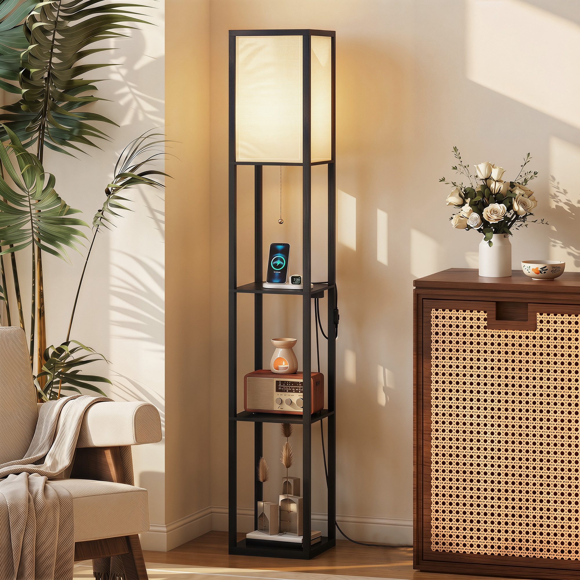 HOMCOM Stehlampe Standleuchte mit Regalen, Wohnzimmer Stehleuchte mit E27 Fassung, Dimmfunktion, mehrere Helligkeitsstufen, Ein-,Ausschalter, Ladefunktion, LED wechselbar, Neutralweiß, 2-in-1 Stehlampe mit Ablagen, dimmbar