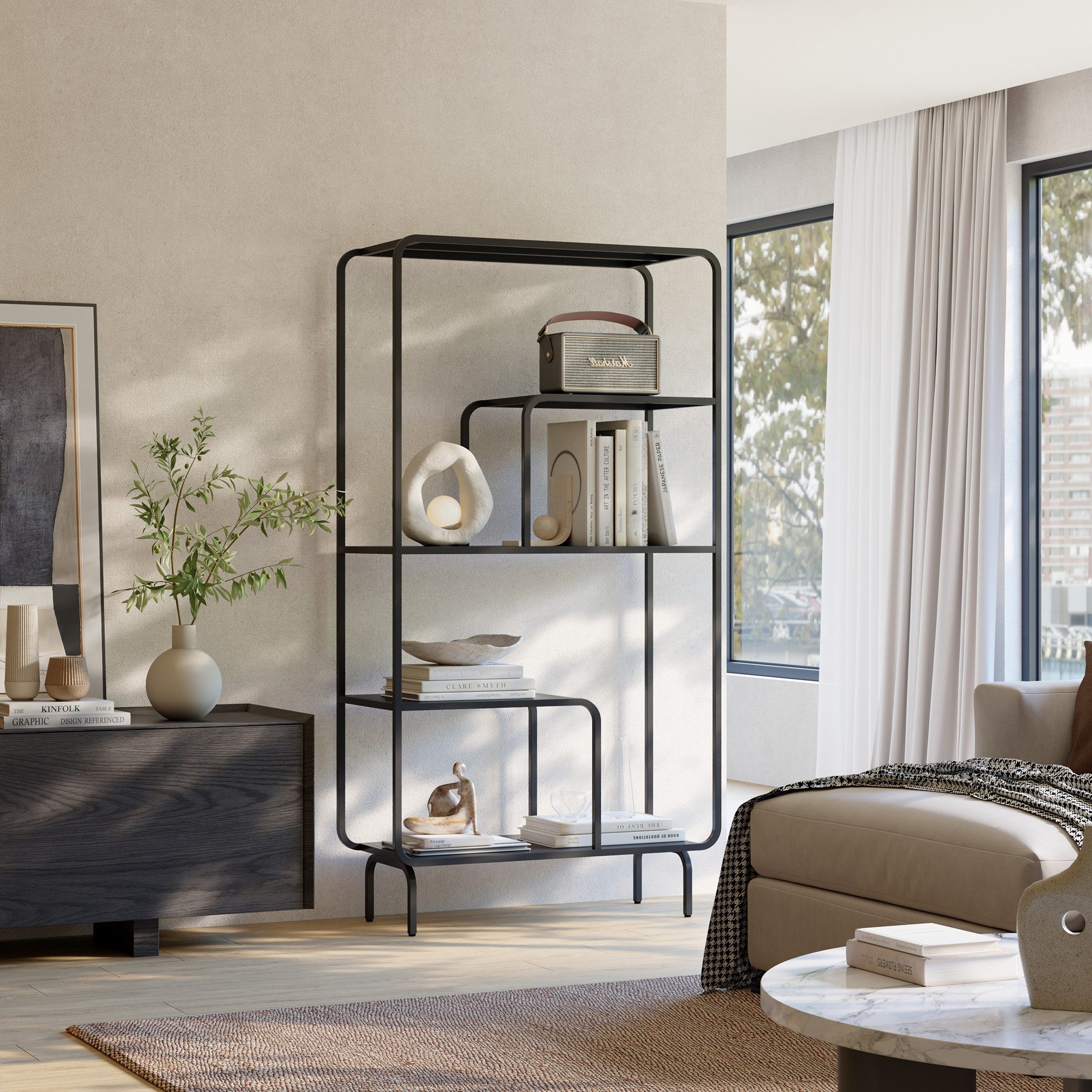 en.casa Bücherregal, »Færder« Stahl 145 x 76 x 33 cm Schwarz