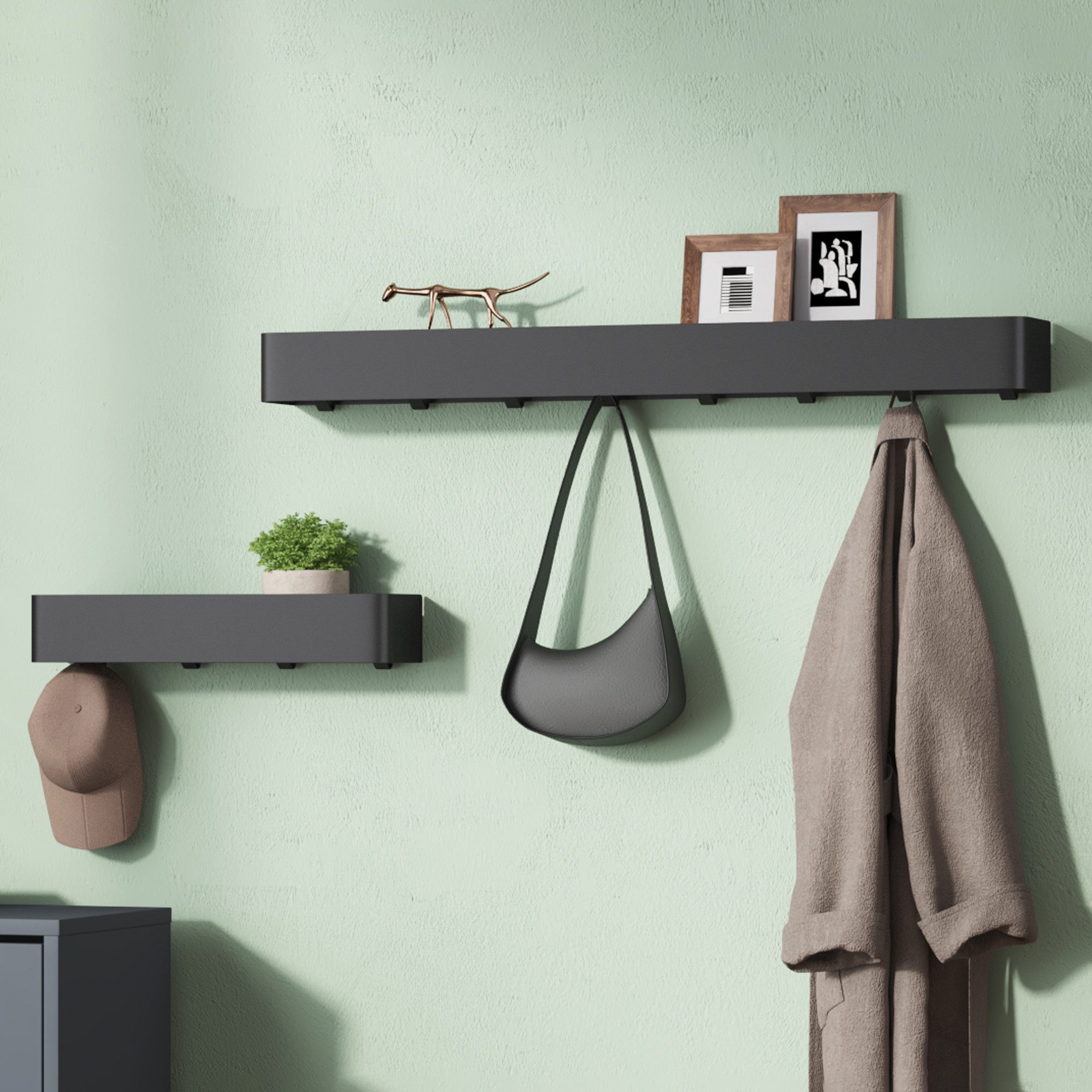 Mai & Mai Wandgarderobe Garderobenleiste mit Ablage und Wandhaken abgerundete Kanten Reglo-05, Abnehmbares Design,Klebemontage oder Bohrmontage