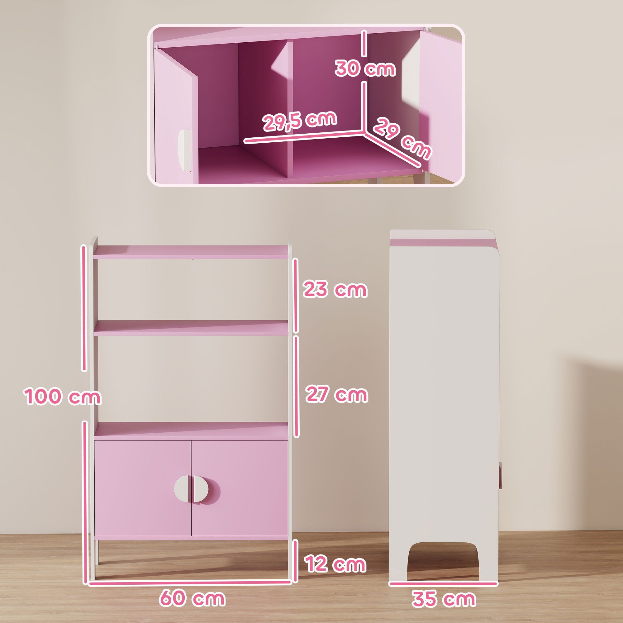 AIYAPLAY Kinderregal mit 2 offene Ablage, 2 Schränke, Kippschutz, rutschfesten Füßen, Bücherregal Kinder 1-tlg., für Kinderzimmer 60 x 35 x 100 cm Rosa