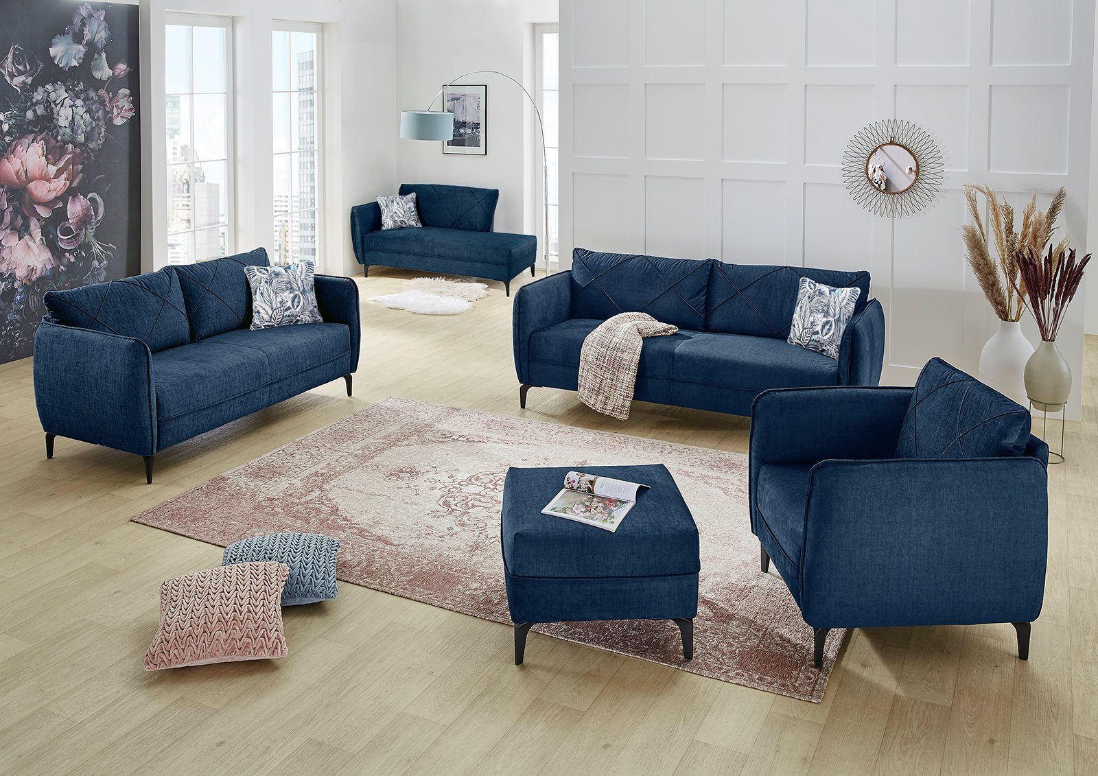 Jockenhöfer Gruppe Sessel blau mit Raum Novara, Steppung, stellbar Rauten-Biesennähte, im attraktiver frei