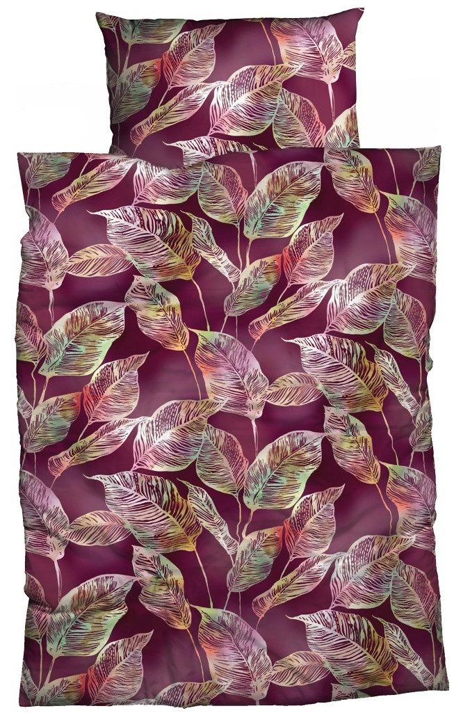 LIVING DREAMS Bettwäsche Baumwoll Satin Bettwäsche SURA, Satin, 2 teilig, anschmiegsamer Baumwollsatin, filigrane Blätter, Trend: Beerenfarbe
