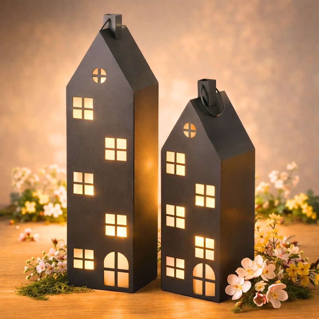 Topanbieter999 Kerzenlaterne Laternen Haus Metall schwarz 66 und 96 cm (2er-Set), nur für den Innenbereich