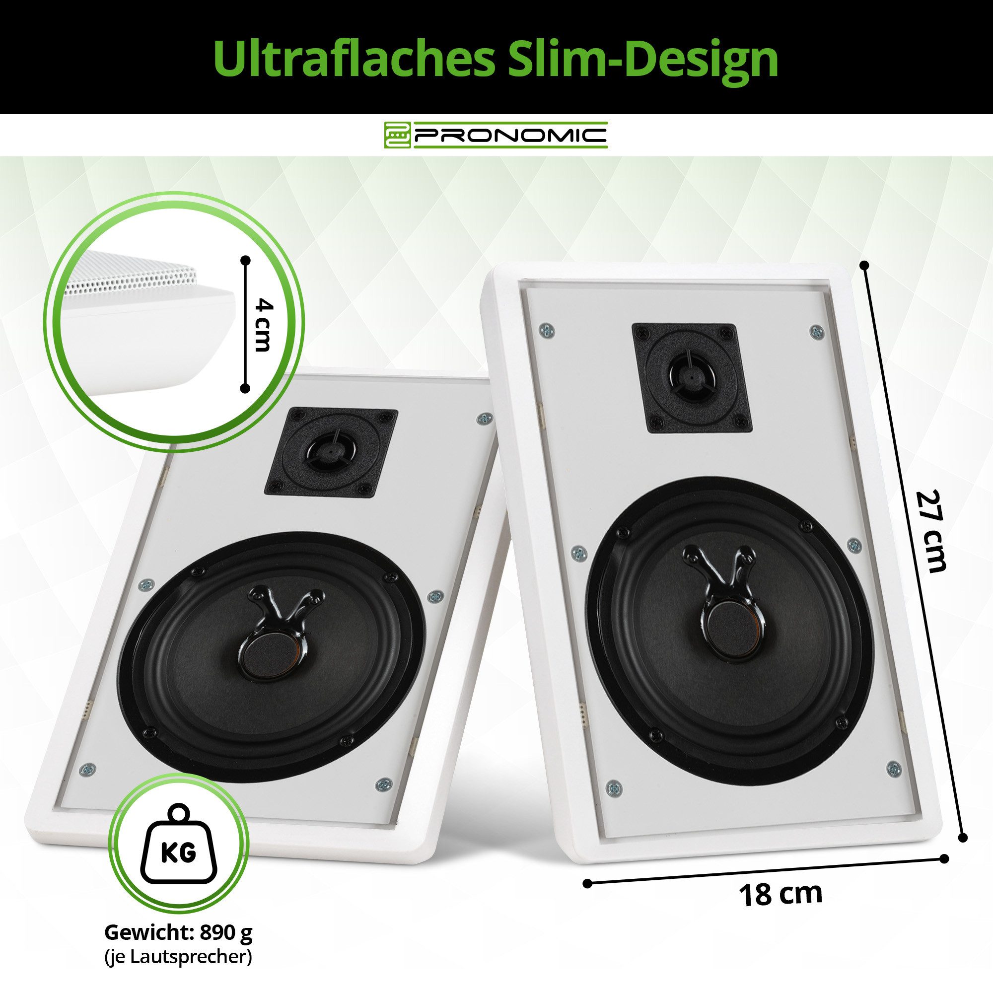 Pronomic FLS-540 Paar Flatpanel Wandlautsprecher Box weiß 2x Set - Slim Design Lautsprecher 2 Wege (25 W, HiFi Flachlautsprecher, 5,25"/133 mm Woofer, 1,2"/30 mm Tweeter)