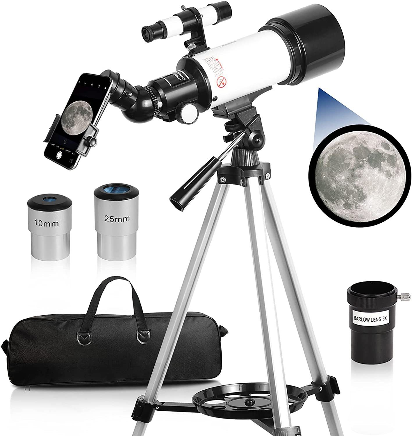 AKKEE Teleskop Teleskope für Kinder und Einsteiger, 70 mm Blende, Teleskop Astronomie Erwachsene Teleskop mit Stativ, Handy-Adapter