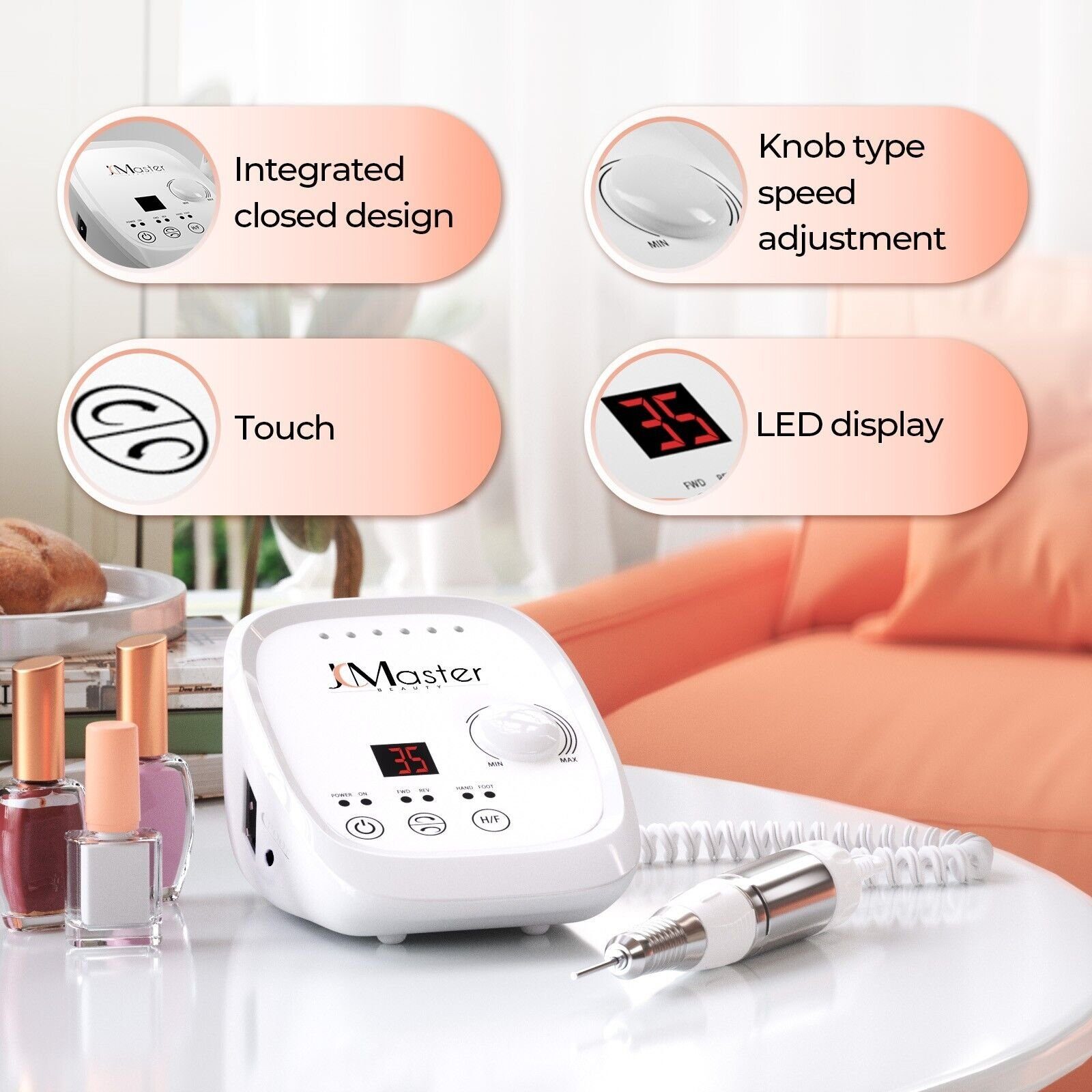 JCMaster Maniküre-Pediküre-Set Nagelfräser Profi 35.000 U/Min, inkl 6x Bits, elektrische Nagelfeile für Gelnägel Acrylnägel, mit Fußpedal