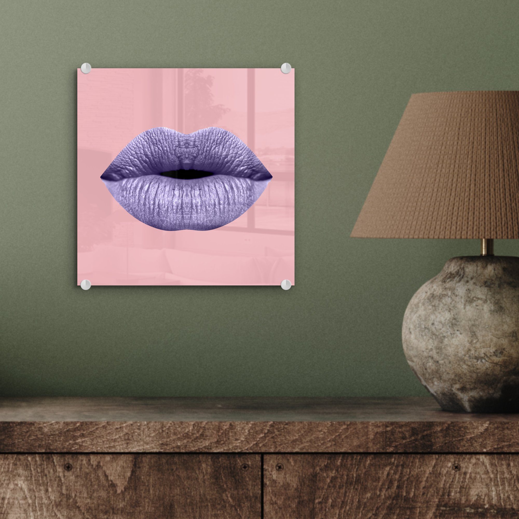 MuchoWow Acrylglasbild Glas Wanddekoration Lippen auf Glas - auf St), Glasbilder - Rosa, Wandbild - - Pastell Bilder (1 - Foto