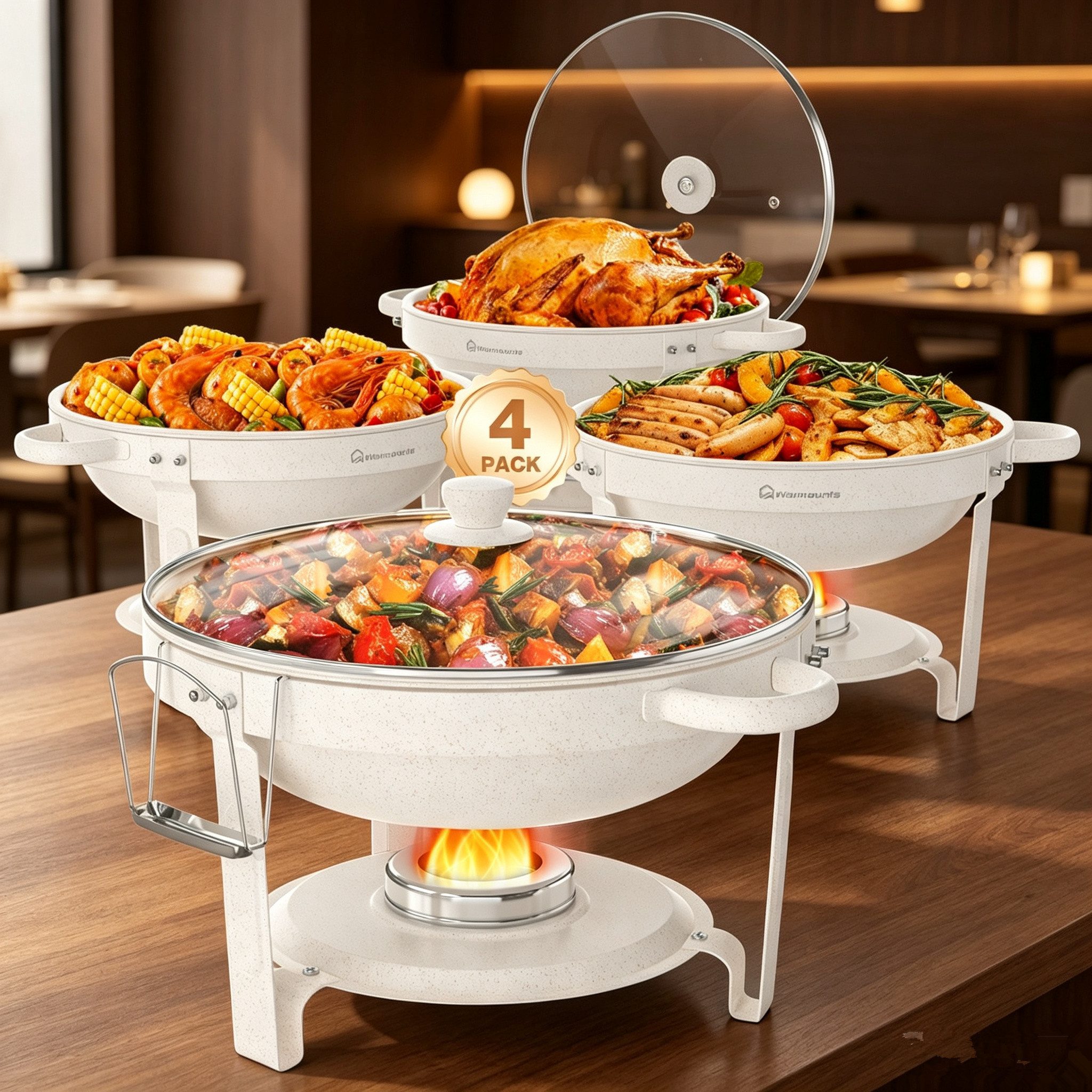 Warmounts Speisenwärmer 5L Chafing Dish Speisenwärmer Set Rund, (4-tlg., Buffet Warmhalter-Set Maifanite-Beschichtung), für Hochzeit, Party, Catering