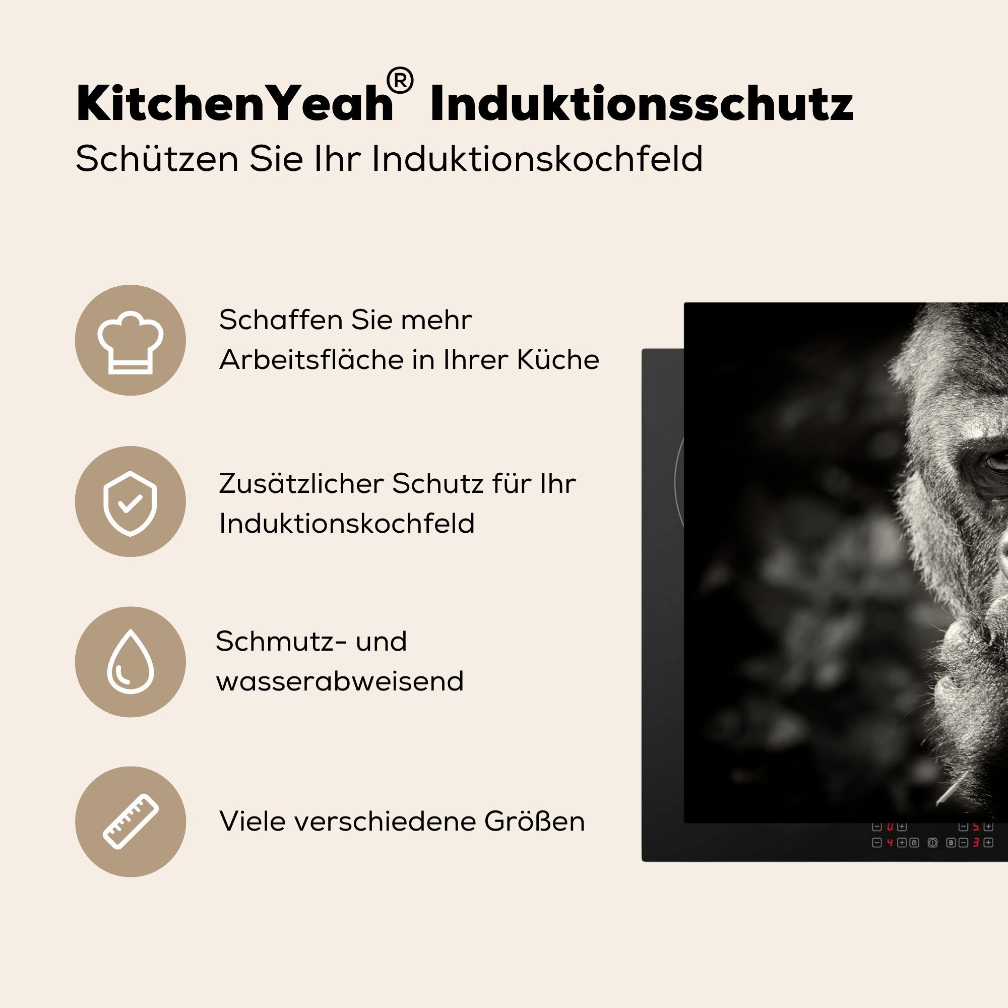 MuchoWow Herdblende-/Abdeckplatte Tierprofil Gorilla in küche, die und Schutz 81x52 (1 für Induktionskochfeld Vinyl, weiß, schwarz cm, tlg), Ceranfeldabdeckung