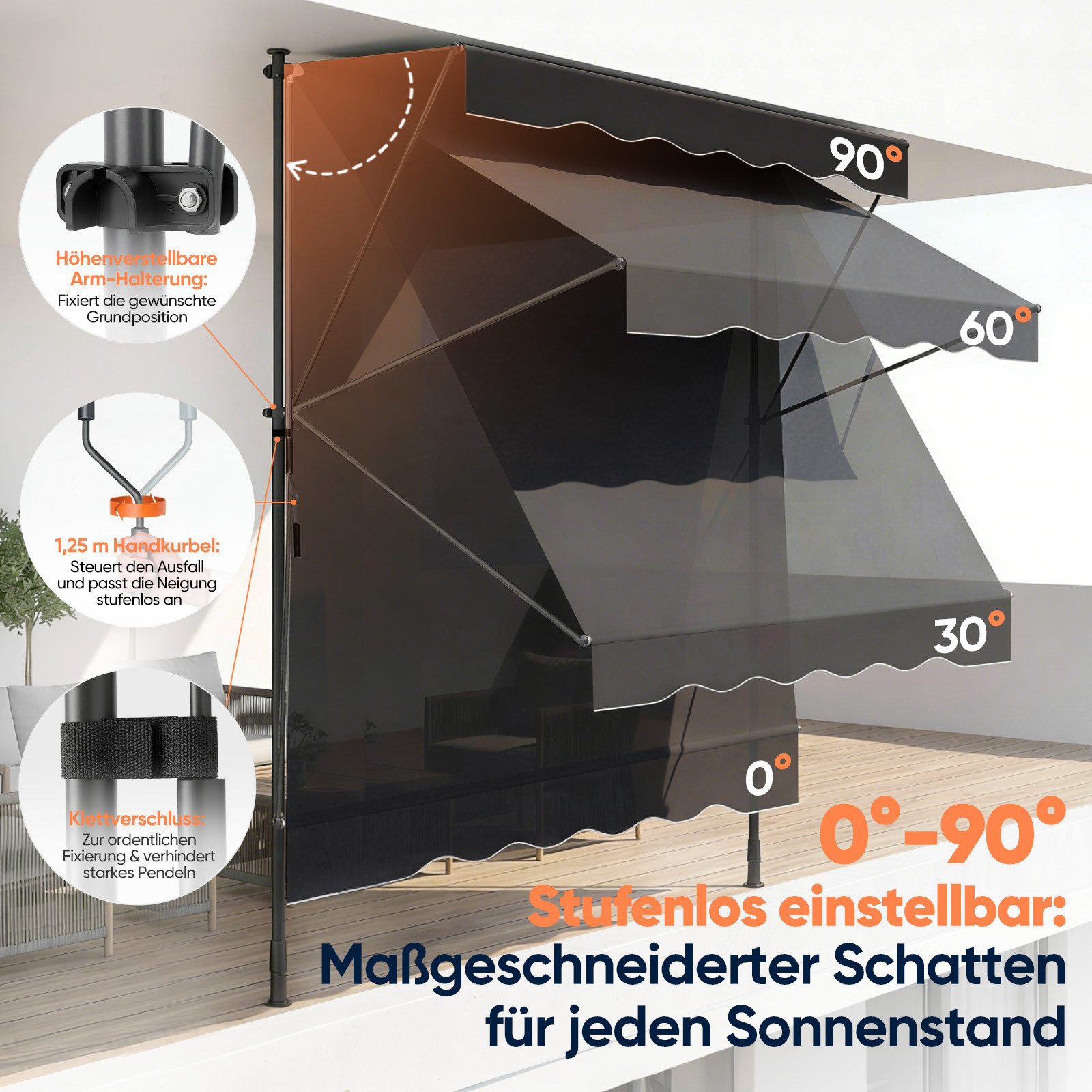 Sekey Klemmmarkise Markise für balkon mit Kurbel Sonnenschutz ohne Bohren UV-beständig B x H: 300 x 212-310 cm, Dunkelgrau – Bild 5 von 5