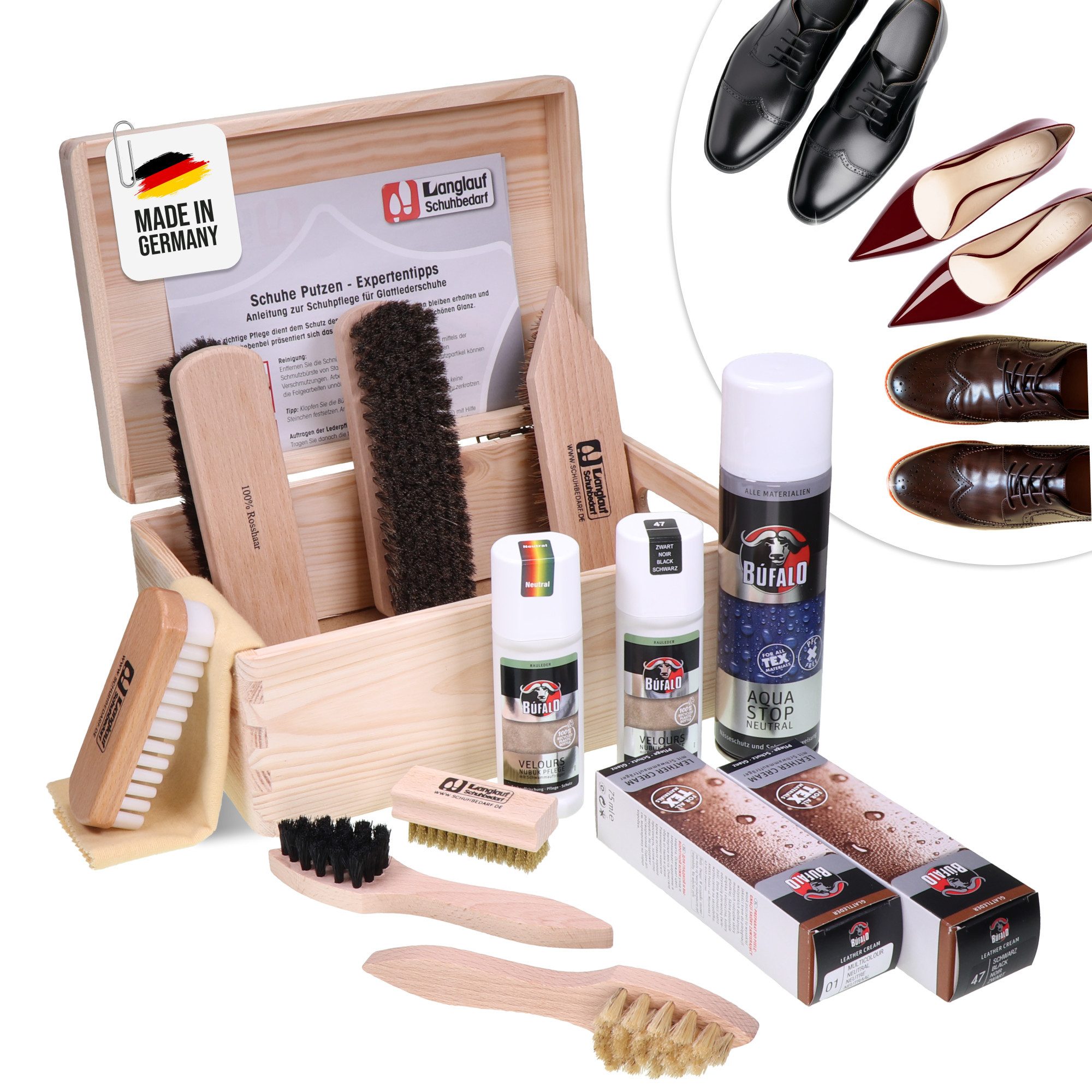 Langlauf Schuhbedarf Reinigungsbürsten-Set Schuhputzkiste Bologna, 14-teilig für Glattleder,Suede und Wildleder