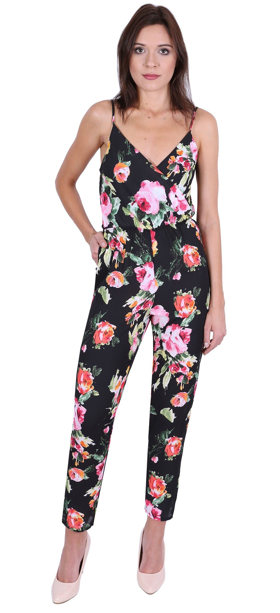 Overall John Zack Schwarzer Overall, Frauenkostüm mit Rosen gemustert M