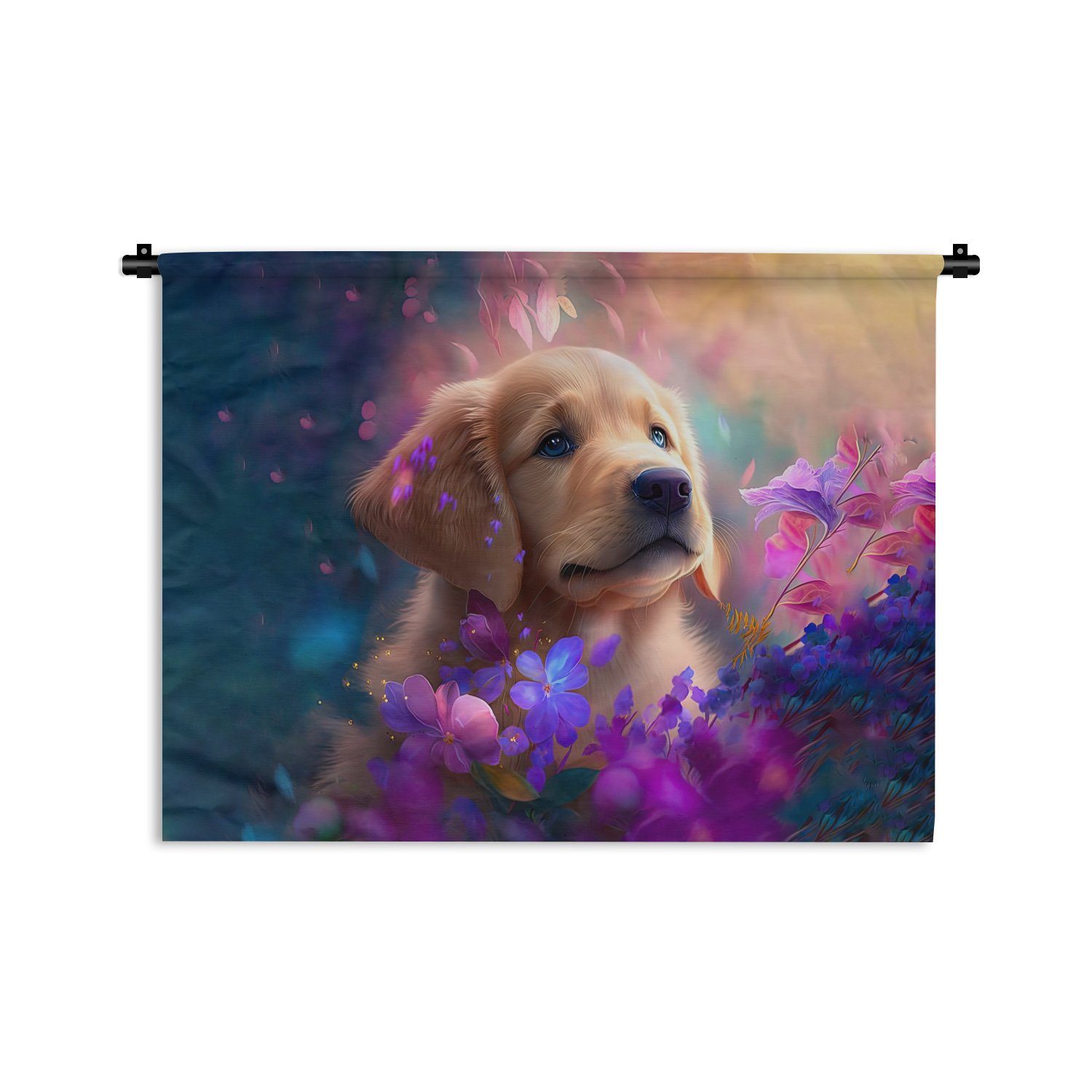 MuchoWow Wanddekoobjekt Hund - Welpe - Sonne - Blumen - Golden Retriever, Wanddeko für Wohnzimmer, Schlafzimmer, Kleid, Wandbehang, Kinderzimmer