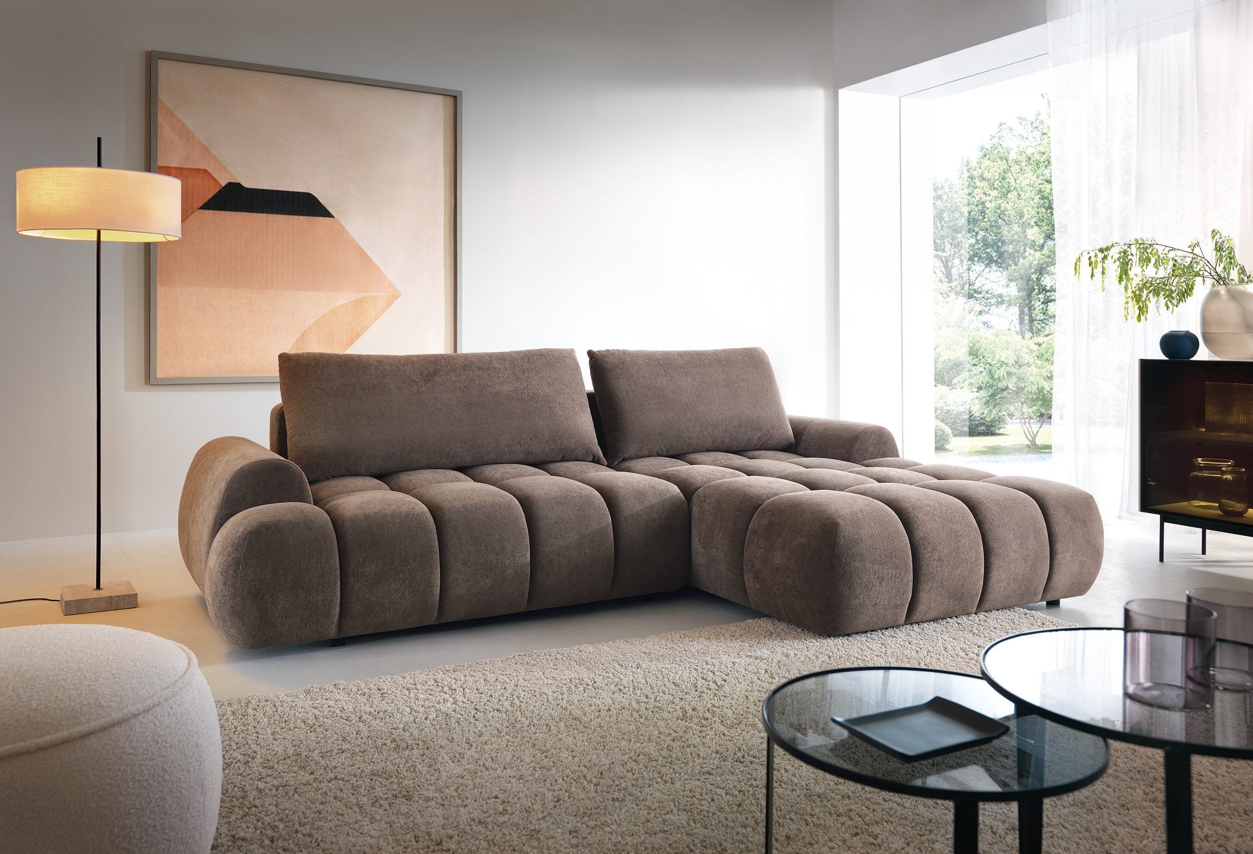 Goldstoff Ecksofa Modernes Sofa mit Schlaffunktion, Bettkasten und 4–5 Sitzplätzen, Schlafsofa mit Bettkasten & großer Liegefläche – L‑Form Couch für Wohnzimmer