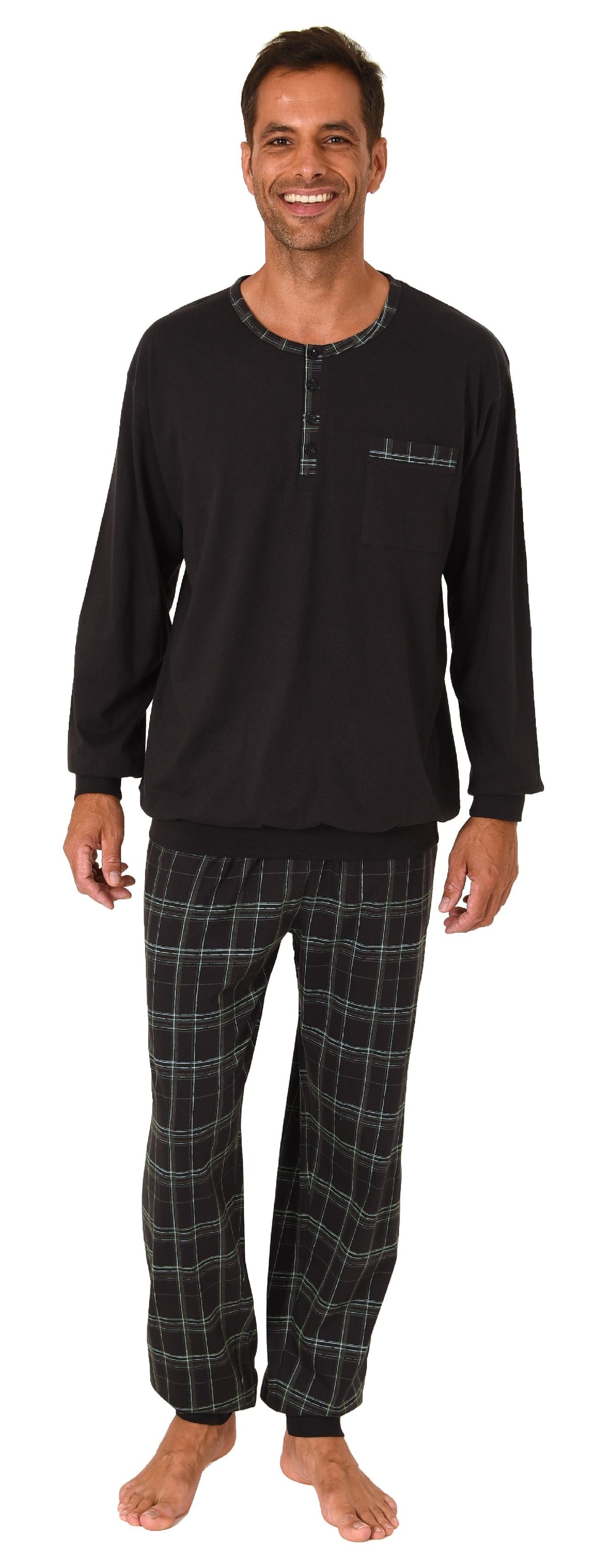 Normann Pyjama Herren Schlafanzug mit Bündchen und karierter Jersey Hose günstig online kaufen
