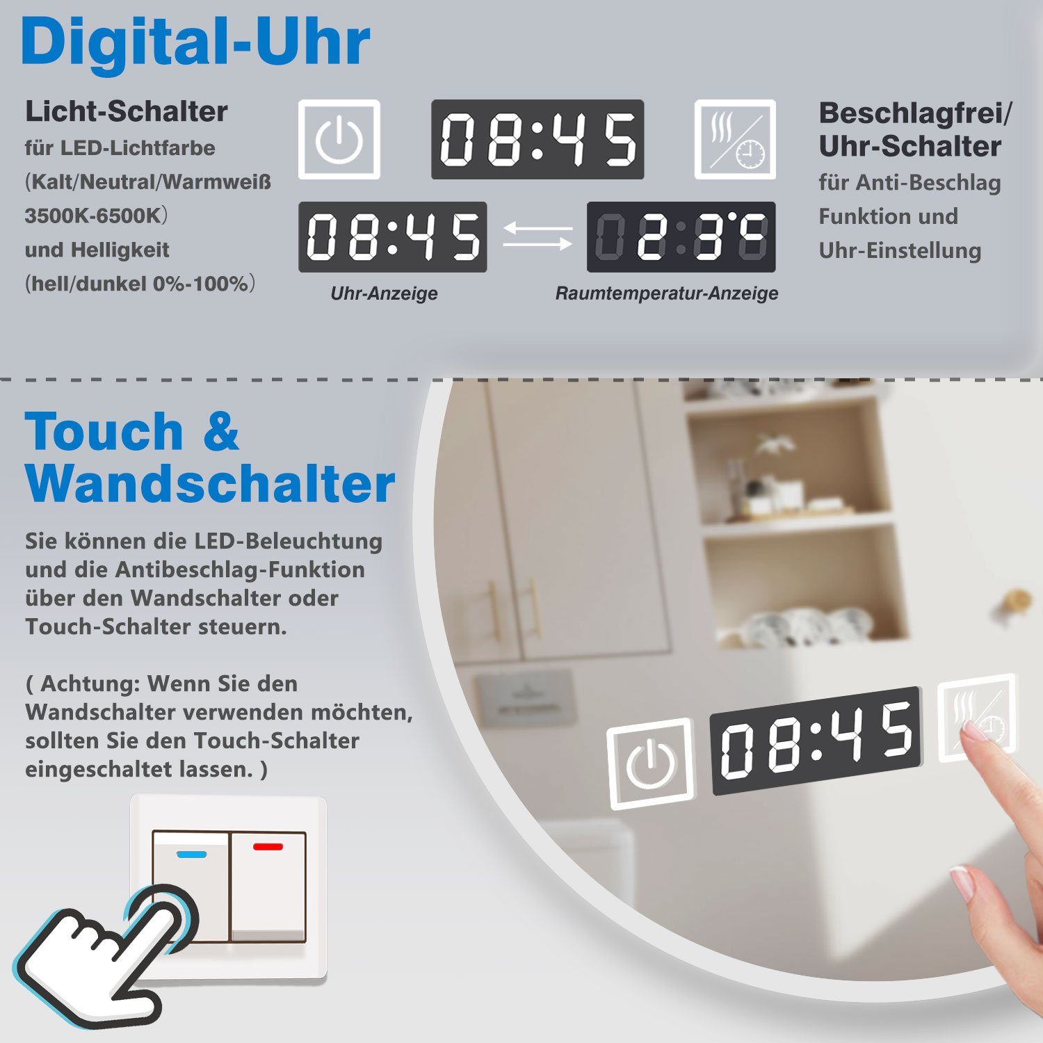 Rund Touch/Wandschalter Badspiegel duschspa Memory, Kalt/Neutral/Warmweiß Wandspiegel + Uhr dimmbar