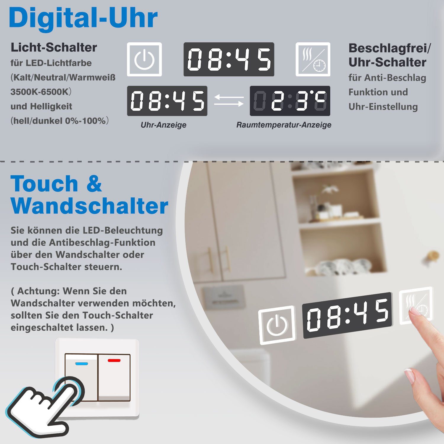 duschspa Badspiegel Wandspiegel Rund Kalt/Neutral/Warmweiß dimmbar Memory, Touch/Wandschalter + Uhr – Bild 4 von 5