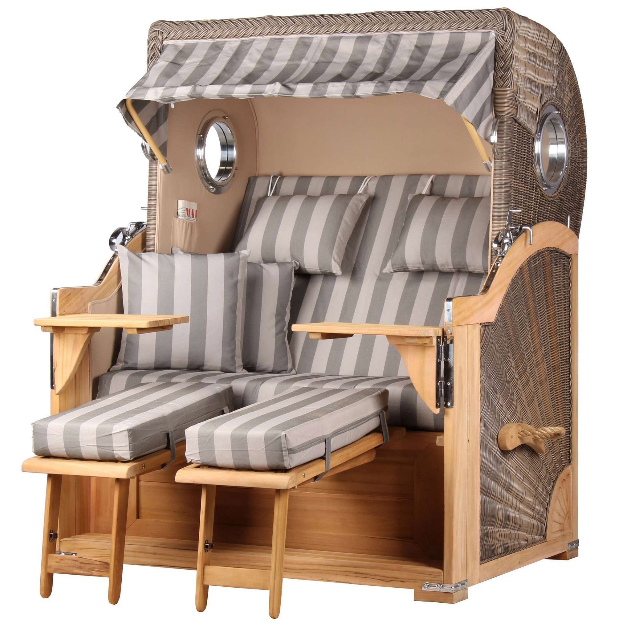 bene living Strandkorb Königssee 2,5-Sitzer Teak - PE grau - Modell 537, BxTxH: 142x95x170 cm, Volllieger, Königssee 2,5-Sitzer Teak, (Strandkorb-Komplettset, 5-tlg., Strandkorb inkl. Liftersystem und umfangreichem Zubehör), mit Windschutzfolie, Bistrotischen und bequemer Polsterung