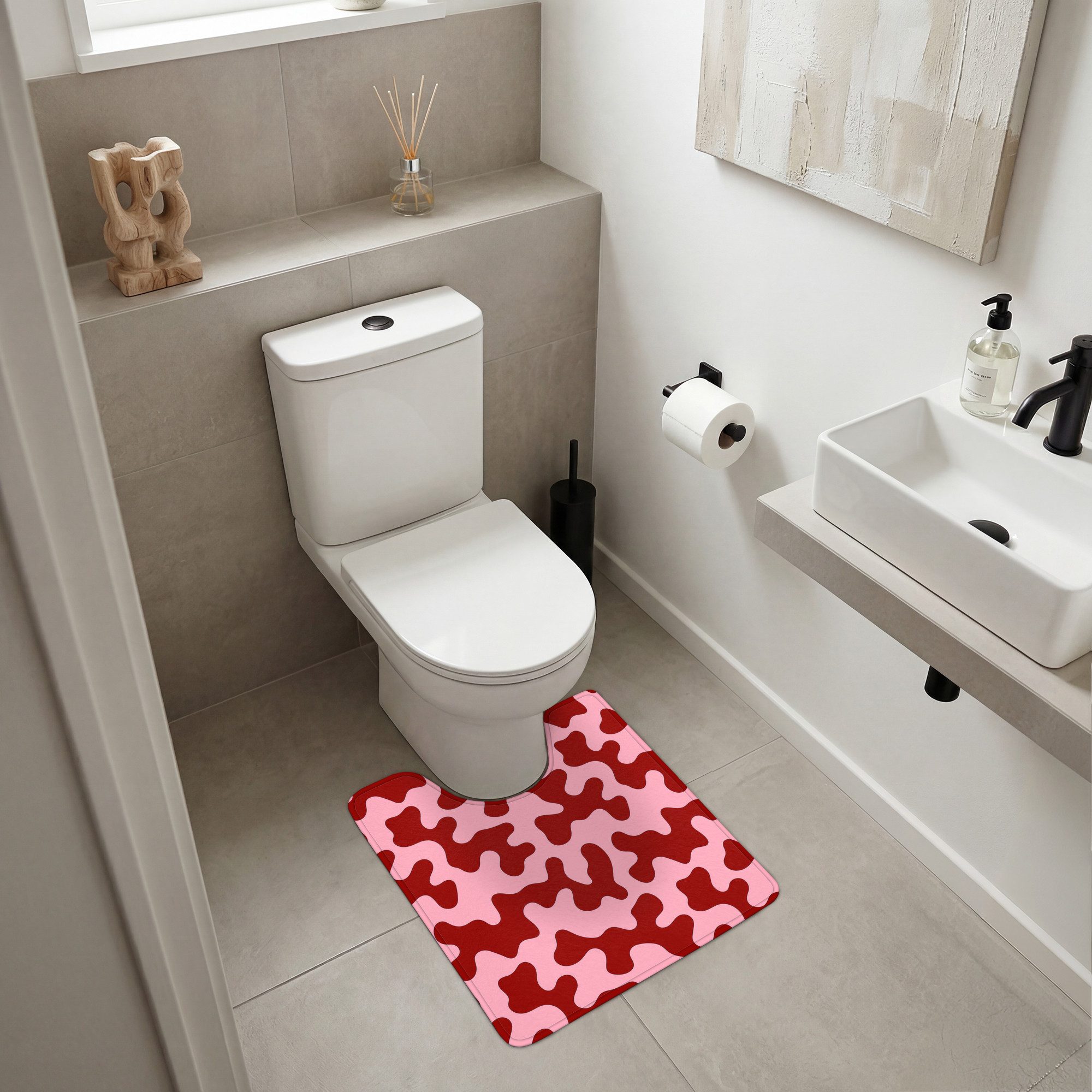 OnlyWow WC-Vorleger Modern - Abstrakt - Rot, Höhe 10 mm, Polyester, U-Form, Vorleger mit Ausschnitt, Toilettenvorleger, Toilettenteppich