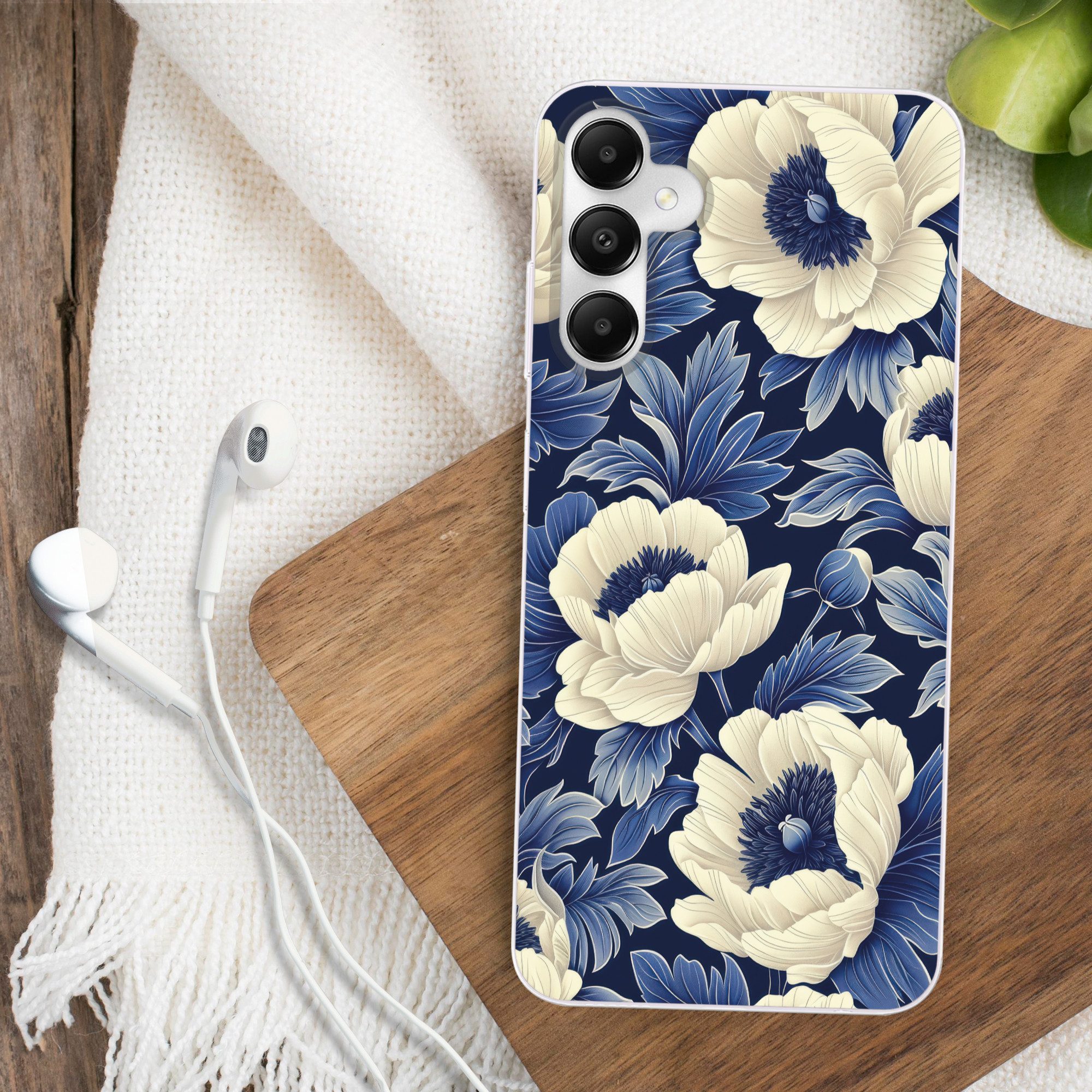 MuchoWow Handyhülle für Samsung Galaxy A05s Blumen - Muster - Blau - Weiß, Smartphone-Bumper, Print, Handy Schutzhülle Dünn