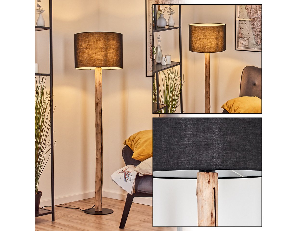 hofstein Stehlampe Stehlampe aus Holz/Metall mit Schirm aus Stoff in Schwarz/Weiß, ohne Leuchtmittel, Stehleuchte im modernen Boho-Design (40 cm), Höhe 147 cm, E27