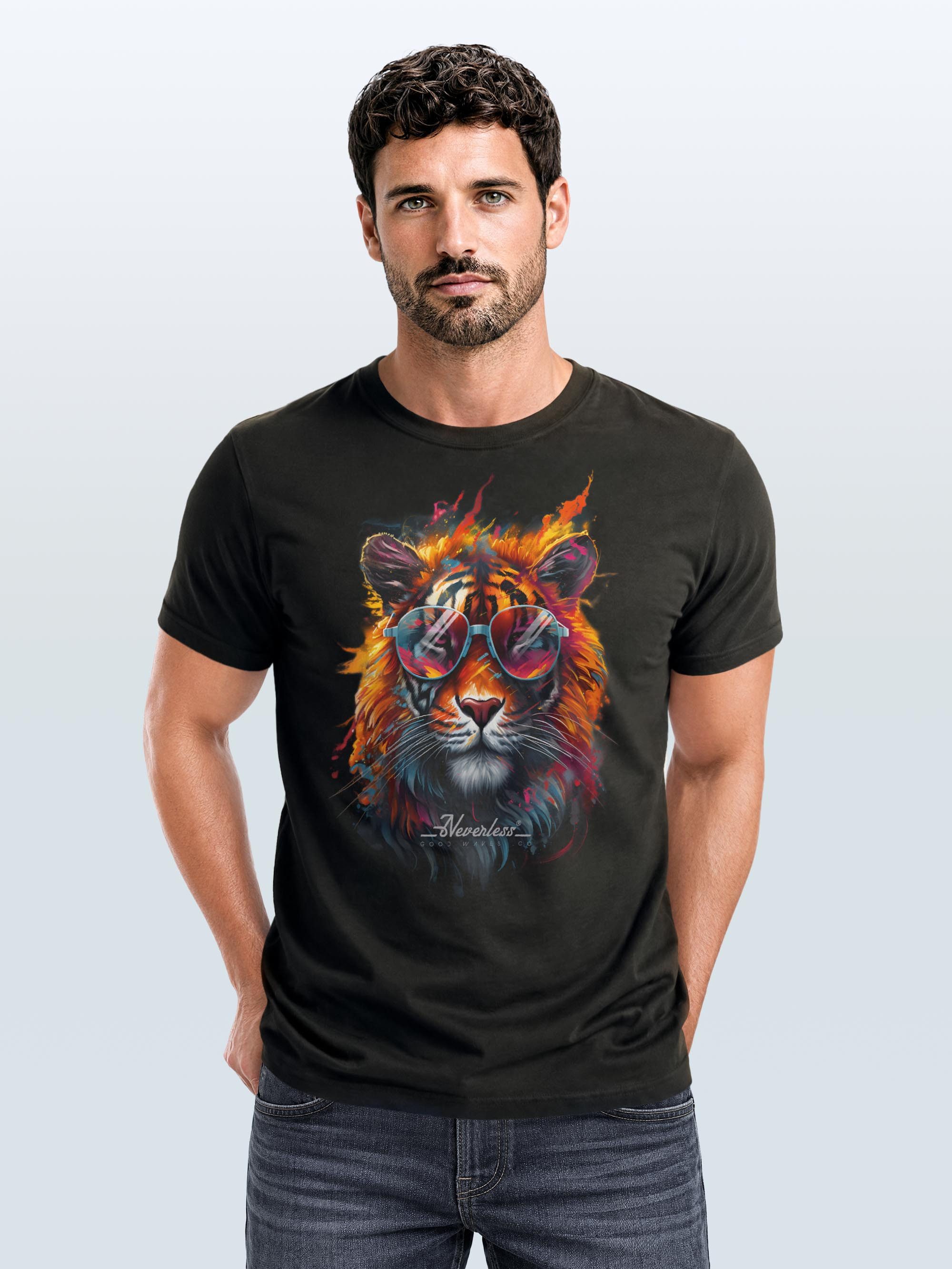 Neverless Print-Shirt Herren T-Shirt Tiger Print Aufdruck Flammen Sommer Sonnenbrille Kunst mit Print
