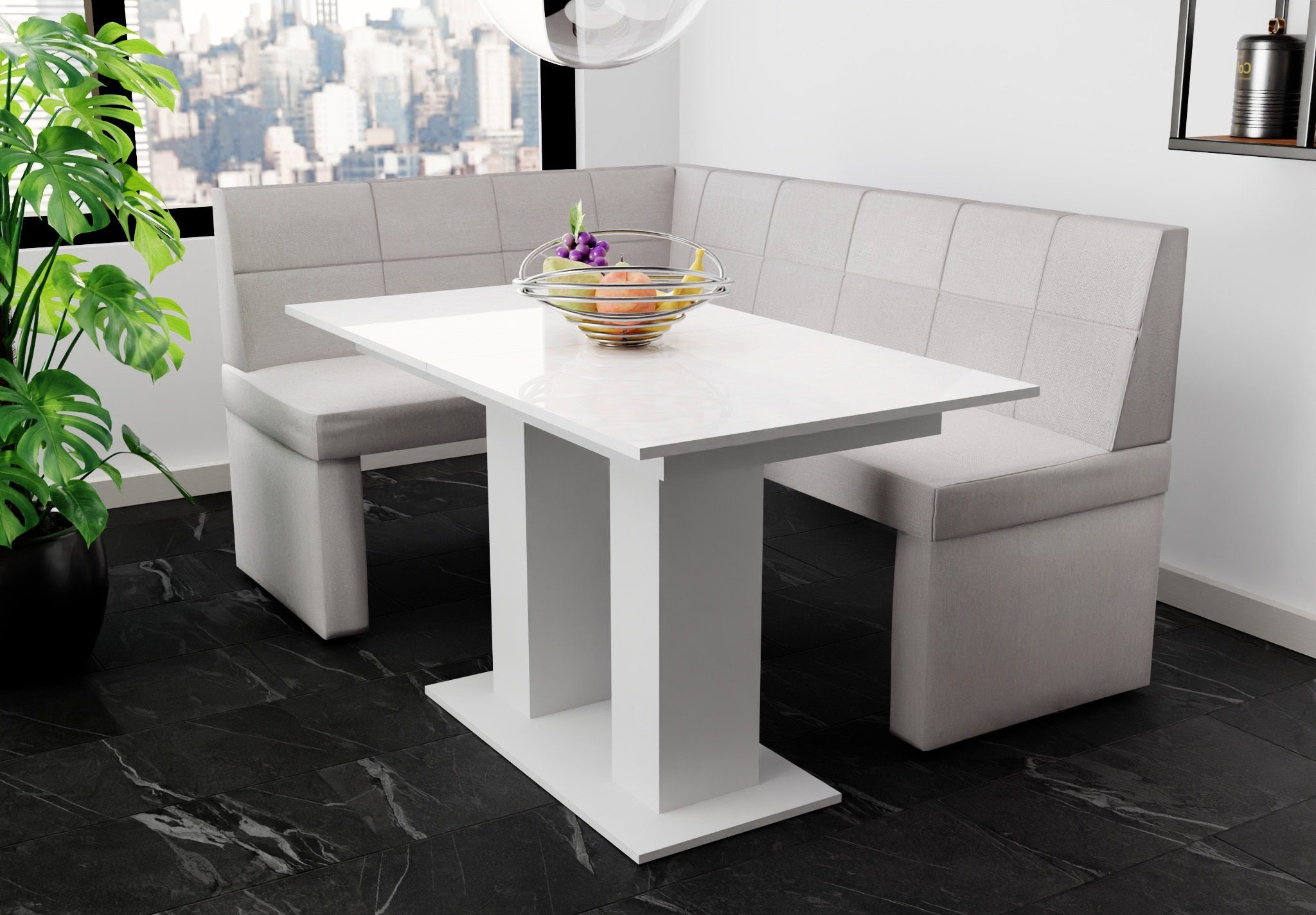 Fun Möbel Eckbankgruppe Eckbankgruppe „BLAKE XL“ Größe 196x142cm mit Tisch Weiß Hochglanz, ausziehbarer Tisch