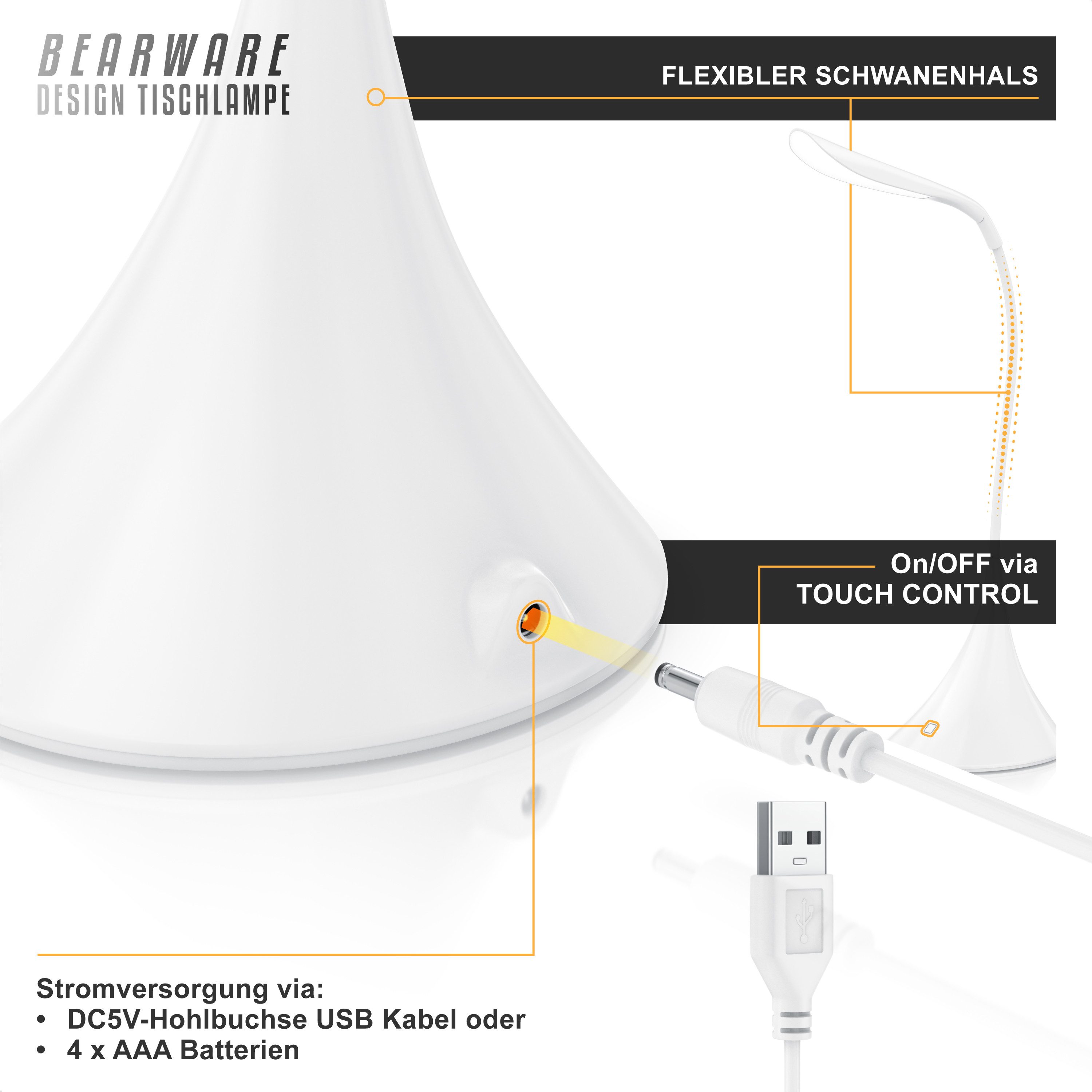 BEARWARE Schreibtischlampe LED Tischlampe, kabellos, flexibler Schwanenhals, geringer Verbrauch, mehrere Helligkeitsstufen, LED fest integriert, kaltweiß, Leselampe mit USB oder Batteriebetrieb, Bürolampe, 3 Helligkeitsstufen
