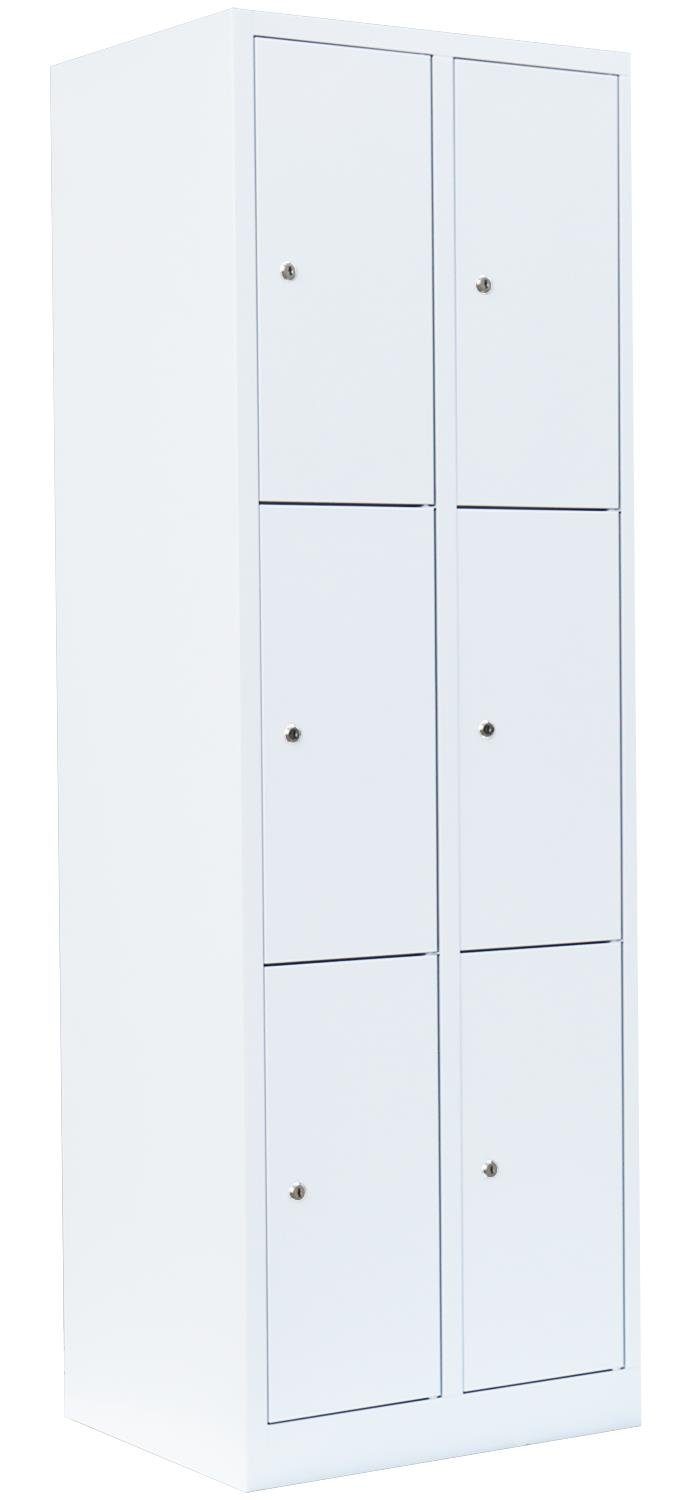 Steelboxx Fächerschrank Lüllmann® Schließfachschrank, 2 Abteile, 6 Fächer, 1800 x 600 x 500 mm (1-St) Komplett verschweißt und montiert - keine Montage erforderlich Korpus: RAL 9003 Signalweiß/ Türen: RAL 9003 Signalweiß | Weiß