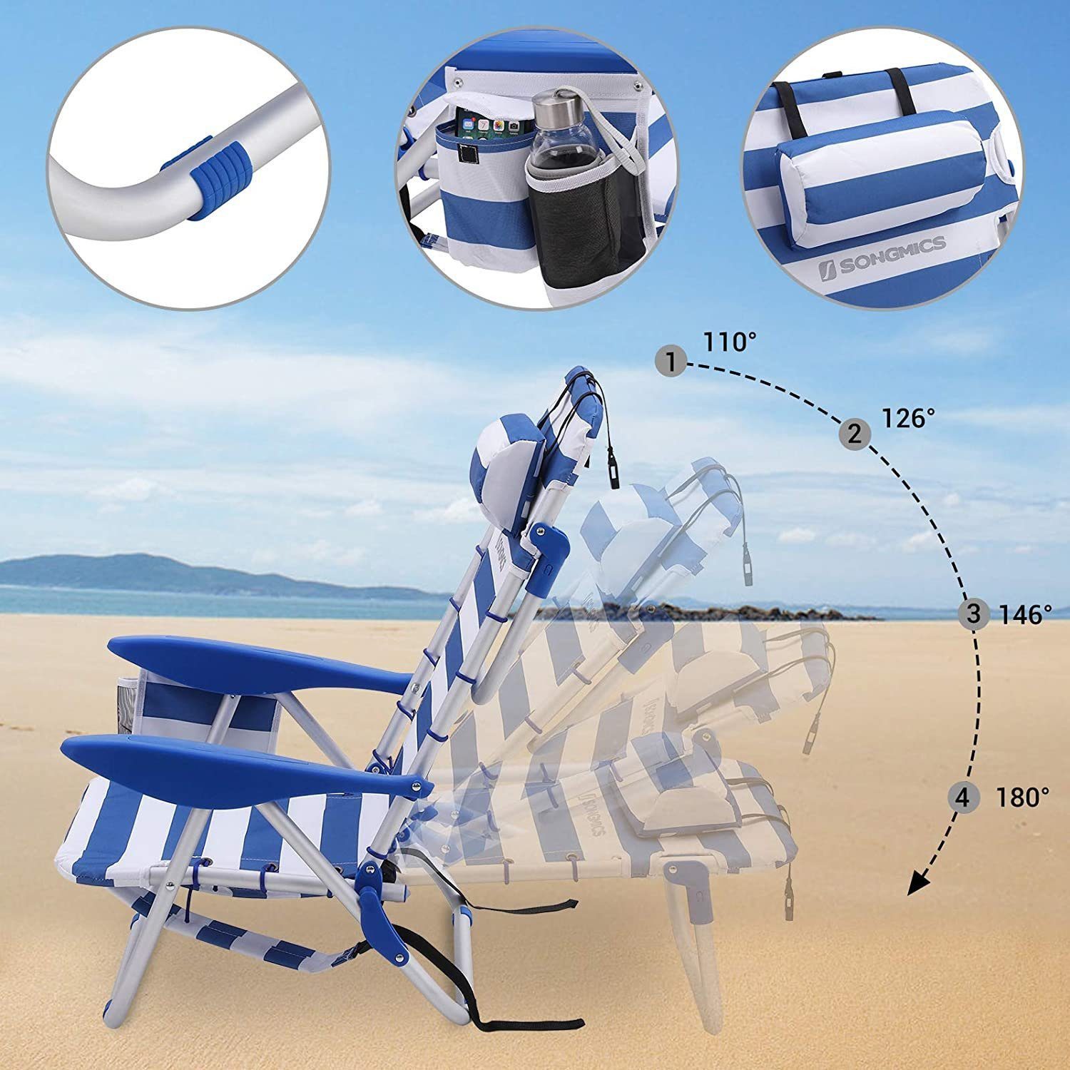SONGMICS Campingstuhl Strandstuhl, Outdoor, klappbar, verstellbare Rückenlehne, 68×63×75 cm, mit Schultergurten, Kopfstütze, Armlehnen, 2 Seitentaschen, blau-weiß