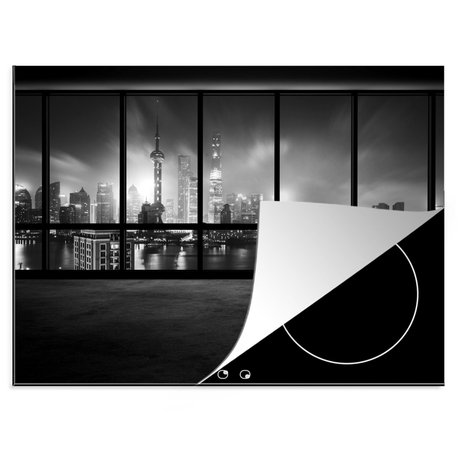 MuchoWow Herdblende-/Abdeckplatte Blick aus einem leeren Büro auf die beleuchtete Stadt bei Nacht -, Vinyl, (1 tlg), 70x52 cm, Mobile Arbeitsfläche nutzbar, Ceranfeldabdeckung