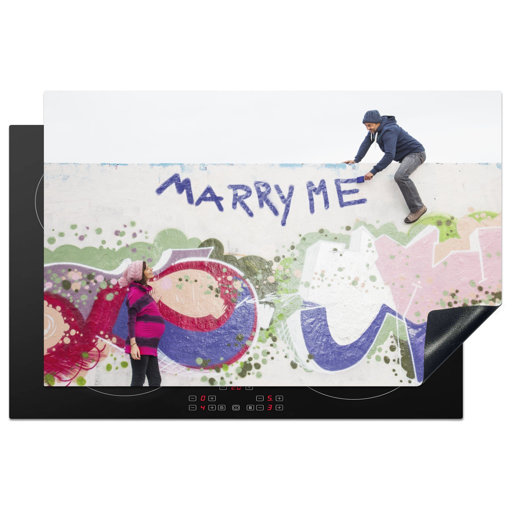MuchoWow Herdblende-/Abdeckplatte Ein Heiratsantrag durch Straßenkunst, Vinyl, (1 tlg), 81x52 cm, Induktionskochfeld Schutz für die küche, Ceranfeldabdeckung