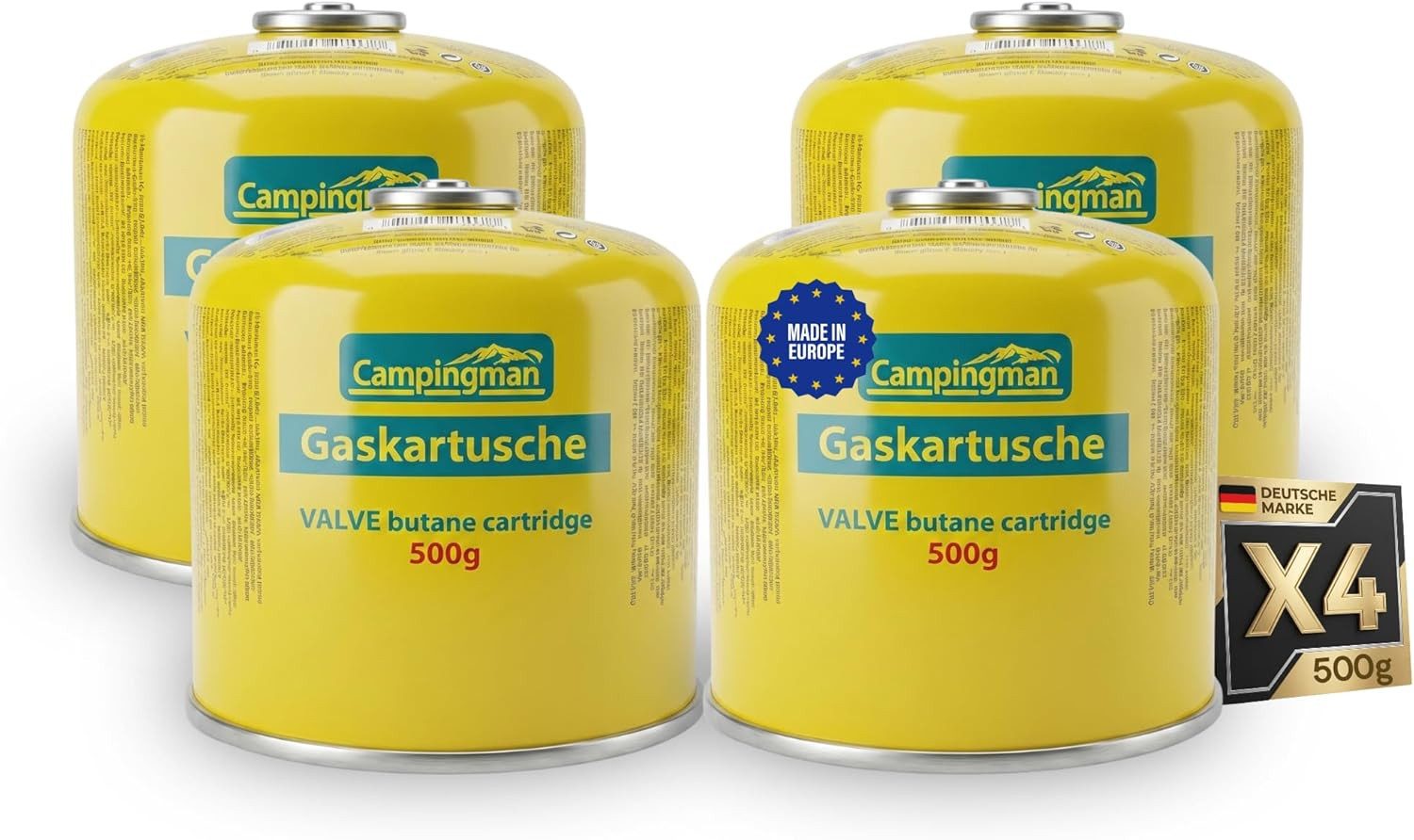 Campingman Gaskartusche 500g mit Schraubventil EN 417 – Butangas Kartusche, Zubehör für Universal Schraubkartusche für Campingkocher, 4 St., Unkrautbrenner, Weber Grill & Campinggas