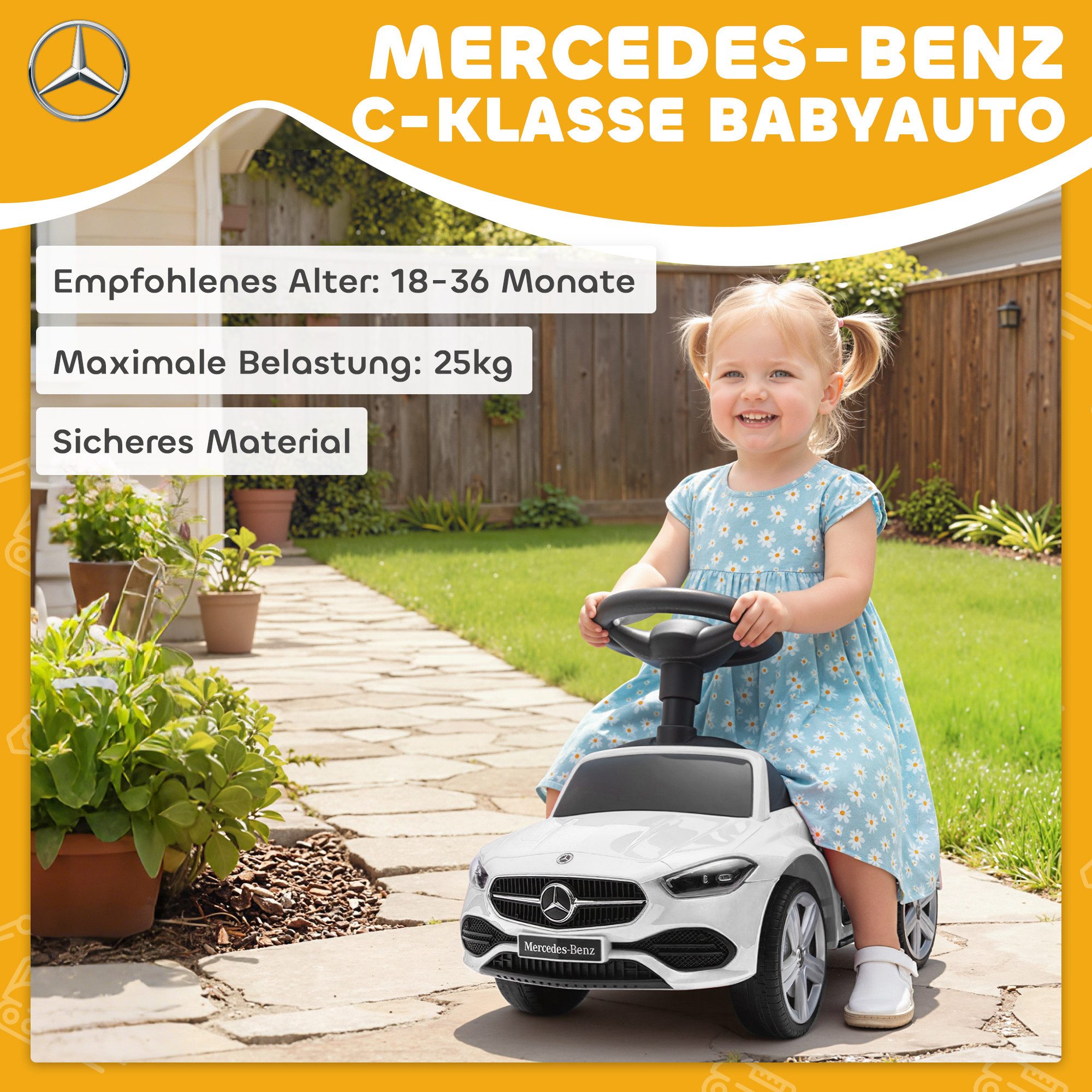 AIYAPLAY Rutscher mit Hupe, Motorgeräuschen, Stauraum unter dem Sitz, (Rutschfahrzeug, 1-tlg., Mercedes-Benz C-Class Rutschauto), für Kinder von 18-36 Monaten, Weiß