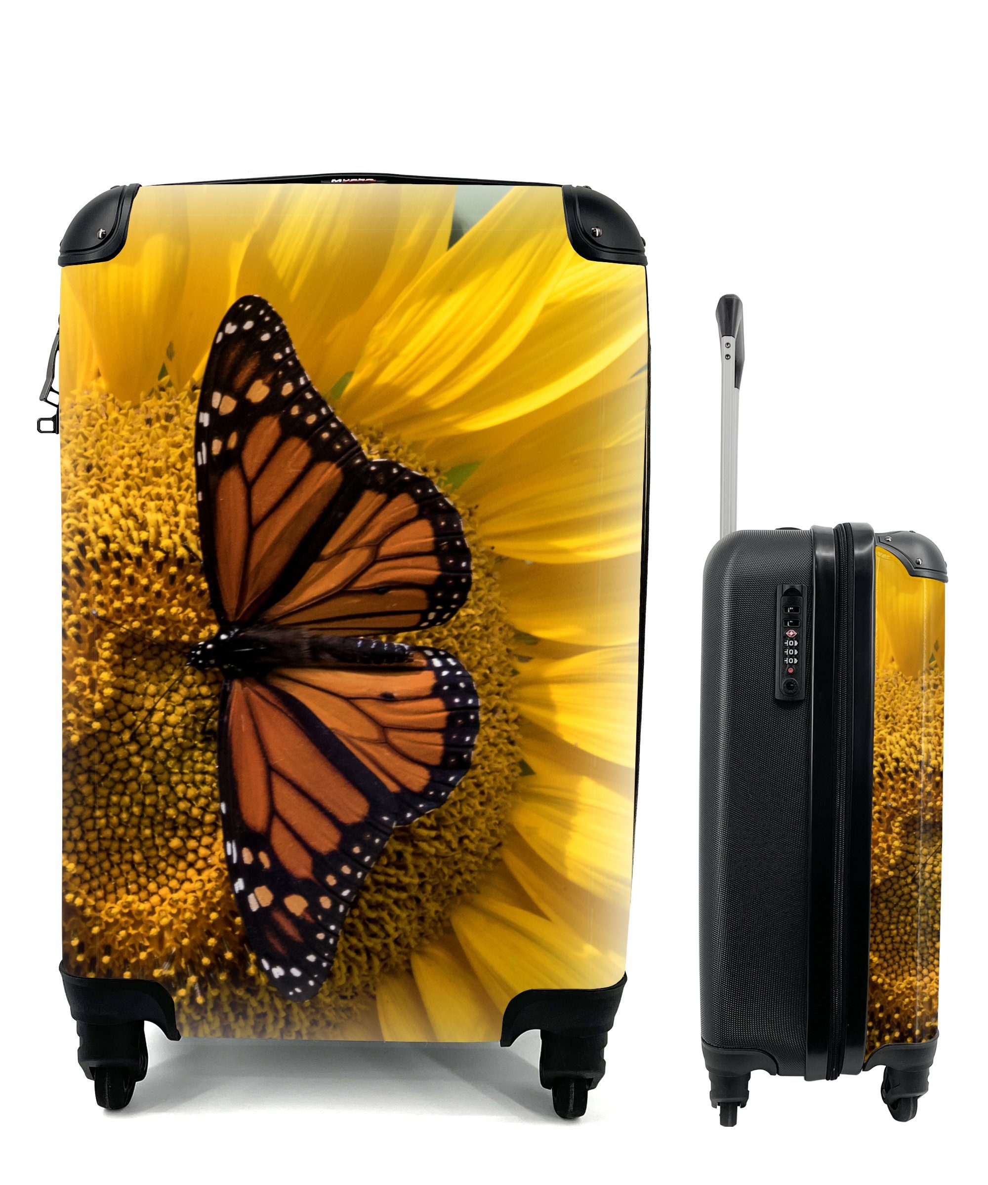 MuchoWow Handgepäckkoffer Sonnenblume - Schmetterling - Frühling, 4 Rollen, Reisetasche mit rollen, Handgepäck für Ferien, Trolley, Reisekoffer