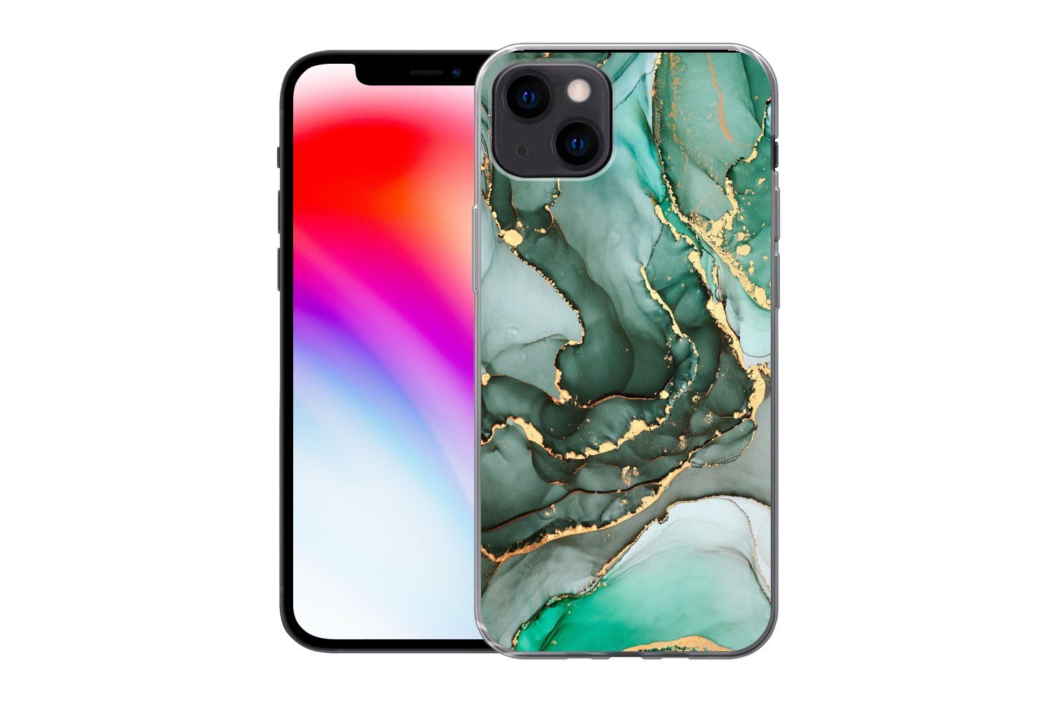 MuchoWow Handyhülle für Apple iPhone 13 Gold - Marmor - Grün - Luxus - Marmoroptik - Grau, Smartphone-Bumper, Print, Handy Schutzhülle Dünn