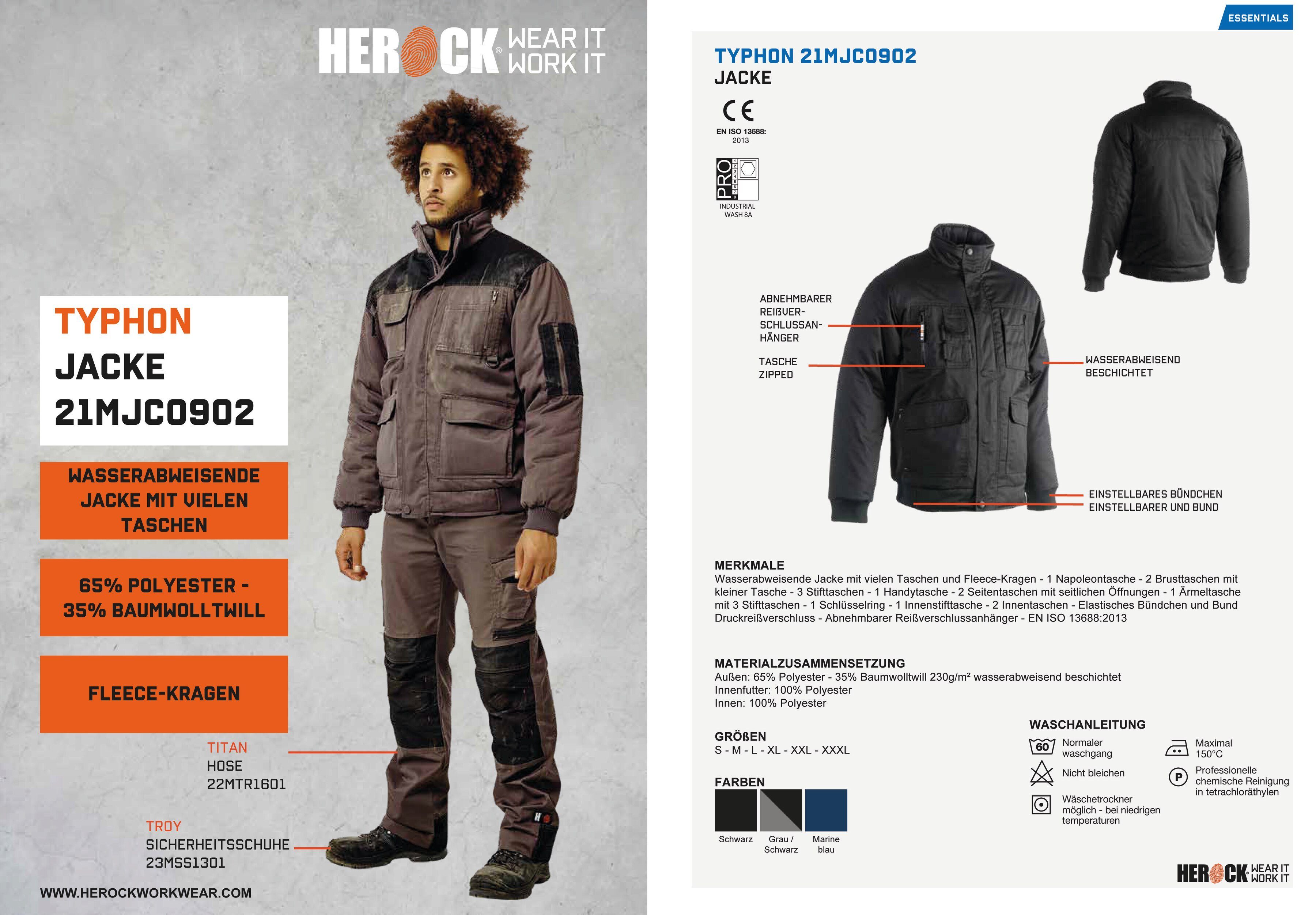 Fleece-Kragen, viele Taschen, Farben robust, Arbeitsjacke Herock Jacke Typhon schwarz viele mit Wasserabweisend