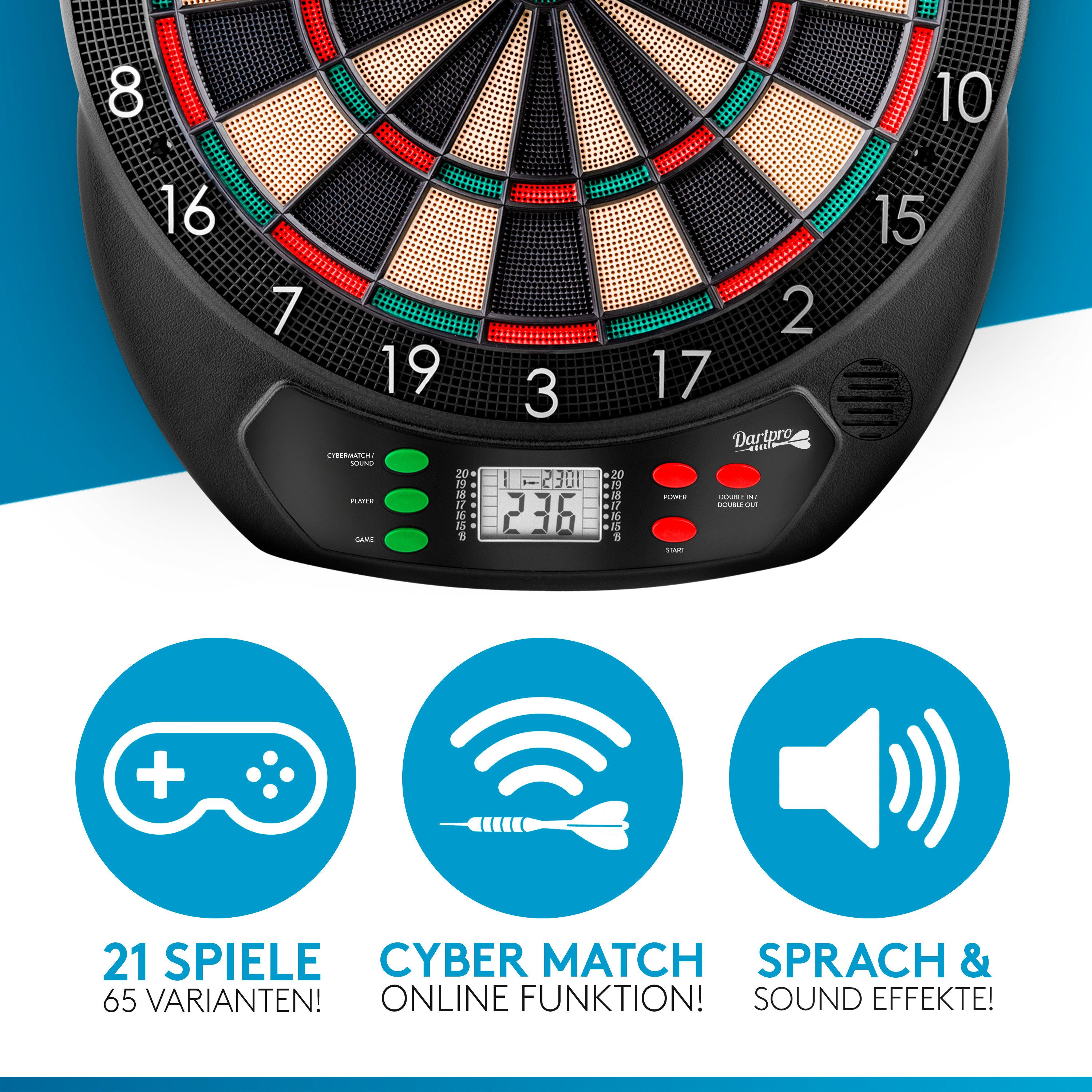 DartPro Dartscheibe elektronisch - für Profis -, (Elektrisches Dartboard mit 6 Pfeilen), 21 Spiele, 65 Varianten - LCD-Display - Batterie- & Netzbetrieb